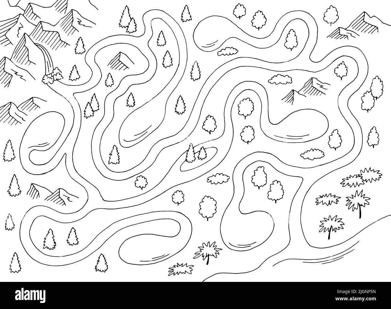 Fluss Labyrinth Grafik schwarz weiß Skizze Karte oben Luftaufnahme Illustration Vektor Stock Vektor