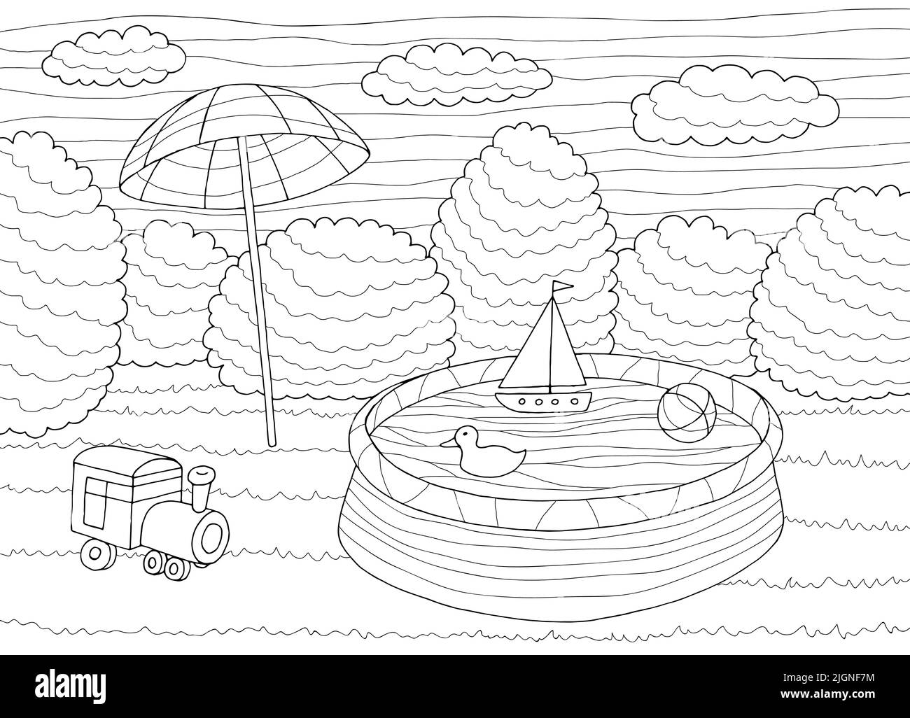 Hinterhof Pool Färbung Grafik schwarz weiß Landschaft Skizze Illustration Vektor Stock Vektor
