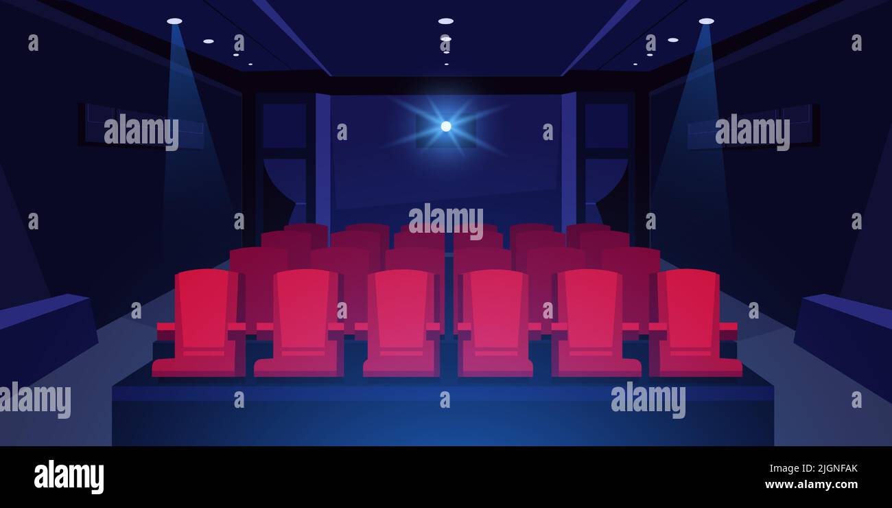 Cartoon-Kino-Auditorium. Dunkles Kino-Zimmer mit roten Sitzen und leuchtendem Kinoprojektor, Szenenhintergrund mit Innenraum des Konzertsaals. Vektor Stock Vektor