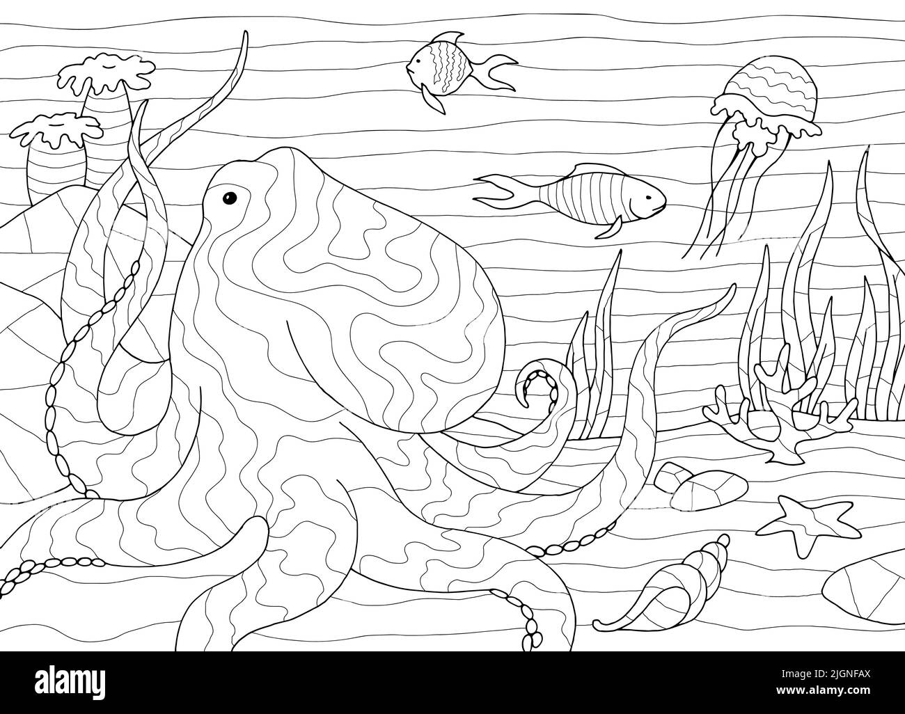Octopus Färbung Unterwasser Grafik Meer schwarz weiß Skizze Illustration Vektor Stock Vektor