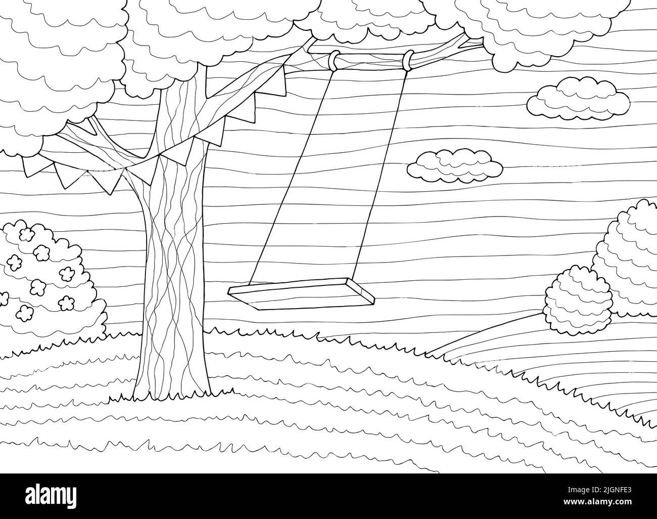 Baum Schaukel Färbung Grafik schwarz weiß Wald Lichtung Landschaft Skizze Illustration Vektor Stock Vektor
