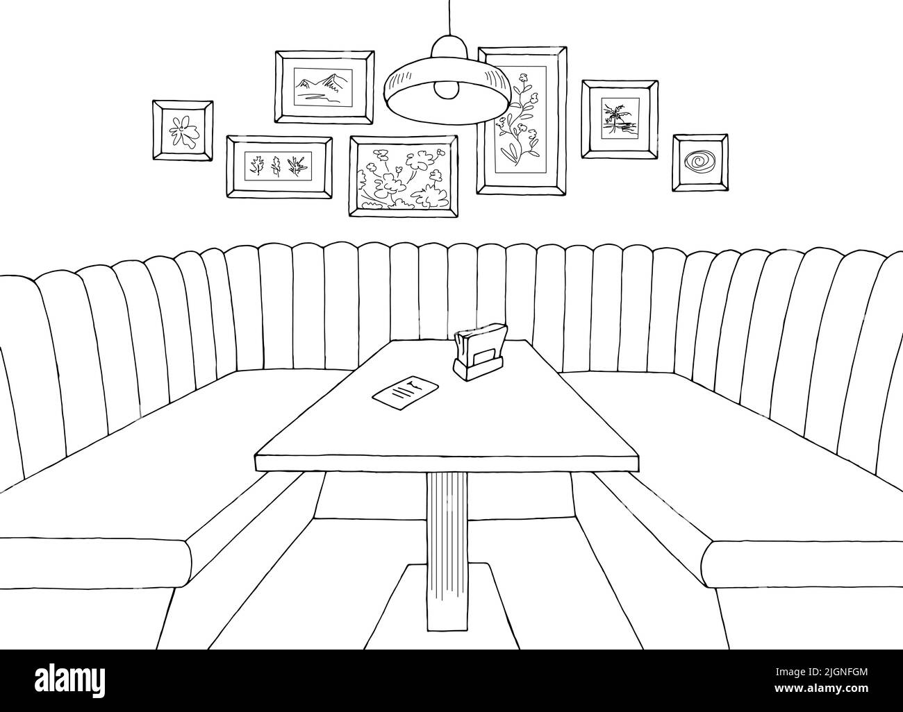 Restaurant Interieur Grafik schwarz weiß Skizze Illustration Vektor Stock Vektor