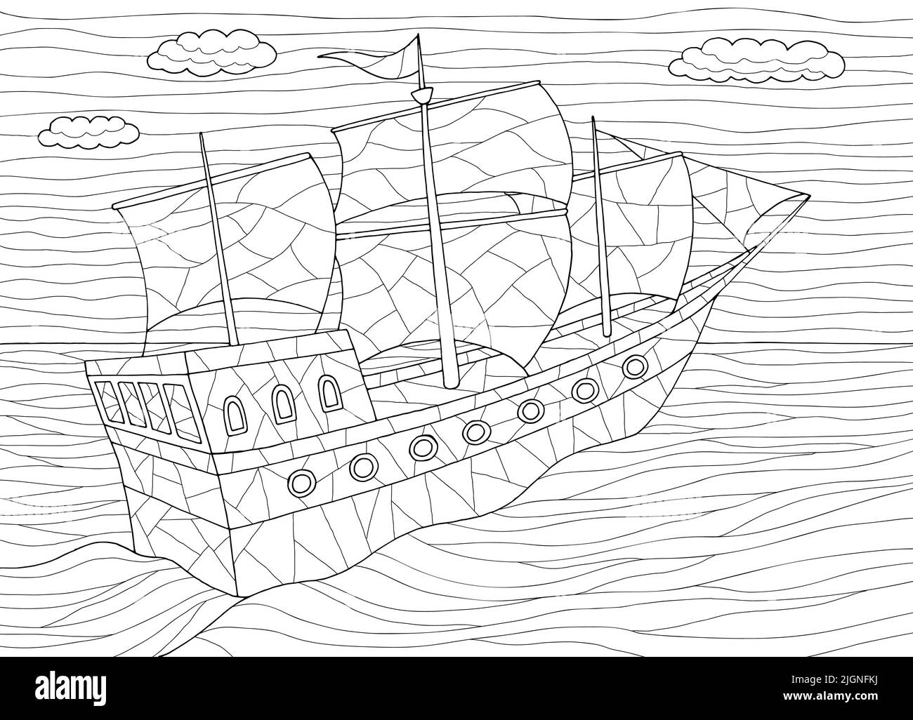 Segelschiff Färbung Grafik schwarz weiß Meer Skizze Illustration Vektor Stock Vektor