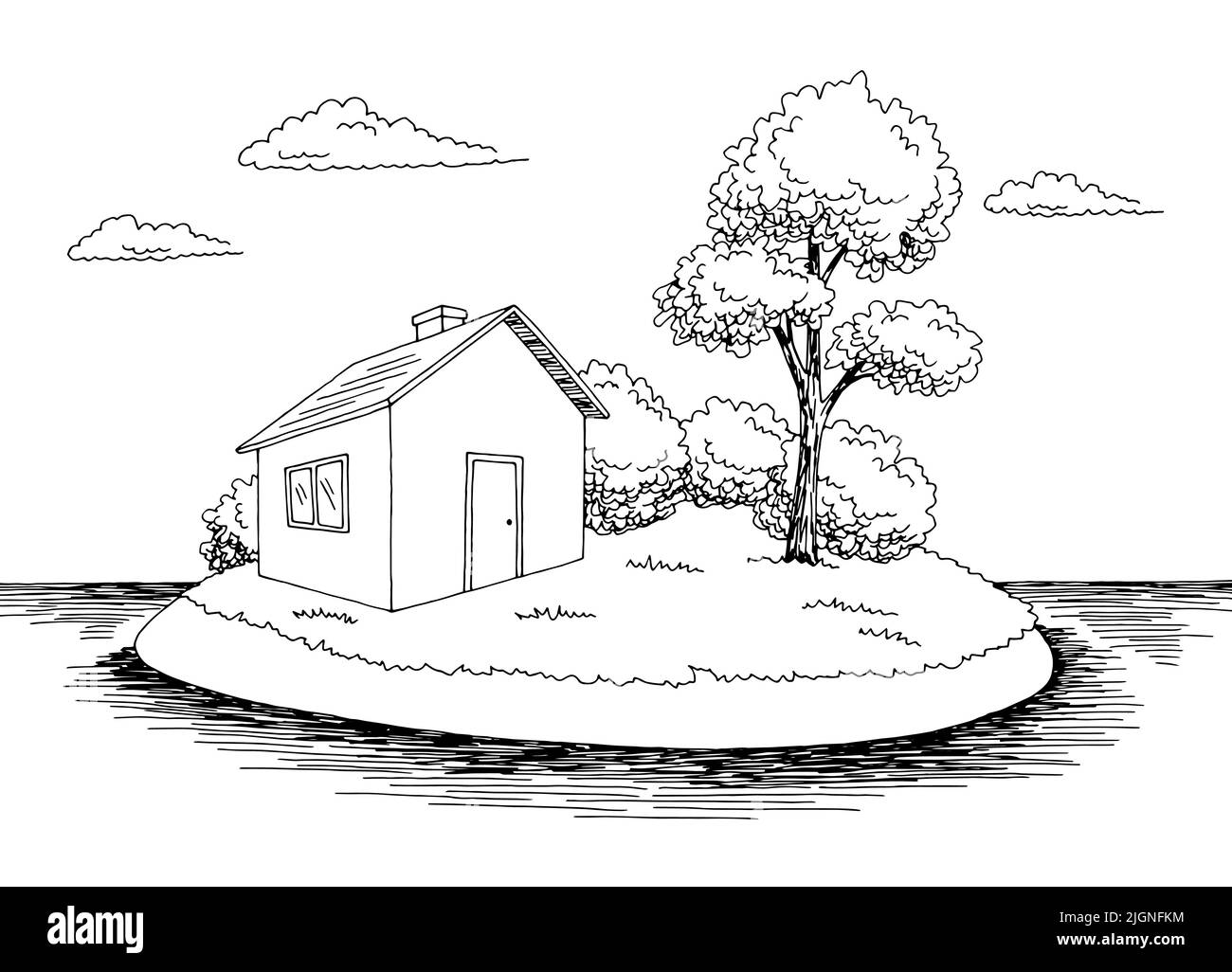 Inselhaus Grafik schwarz weiß Landschaft Skizze Illustration Vektor Stock Vektor