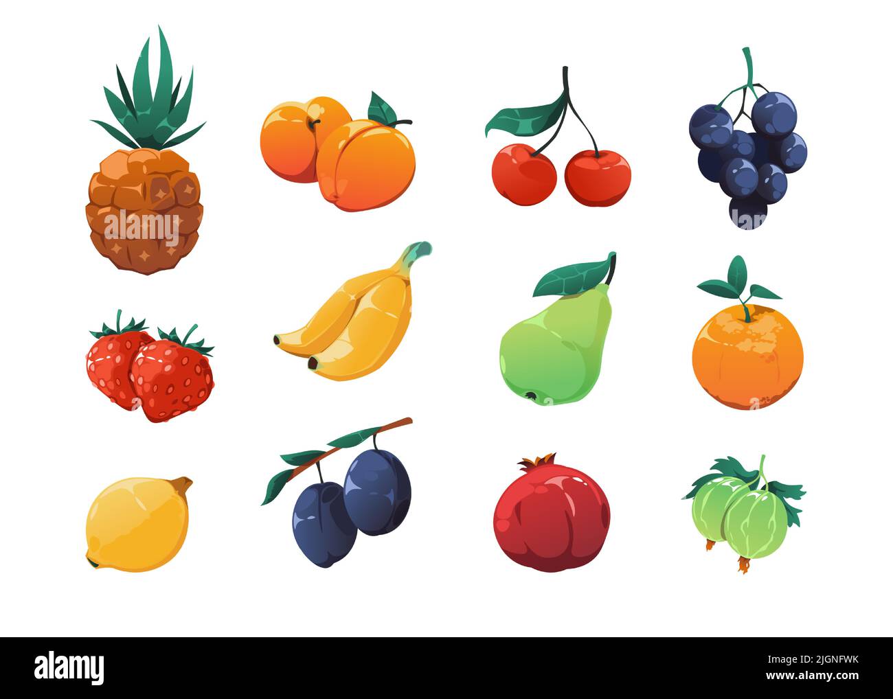 Früchte Spiel Asset. Cartoon exotische Bio-Obst-Sammlung, 2D Spiel Sprite Grafik von Apfel, Aprikose Erdbeere Pflaume Birne Banane Zitrone Traube. Vektor Stock Vektor