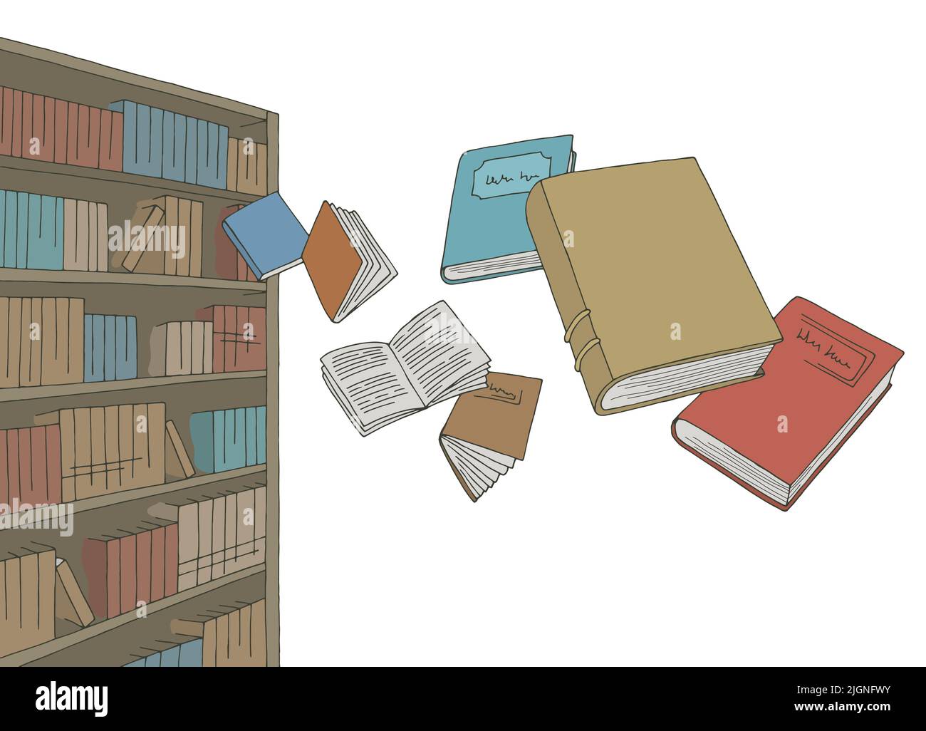 Bücher fliegen aus den Regalen in der Bibliothek Grafik Farbe Skizze Illustration Vektor Stock Vektor
