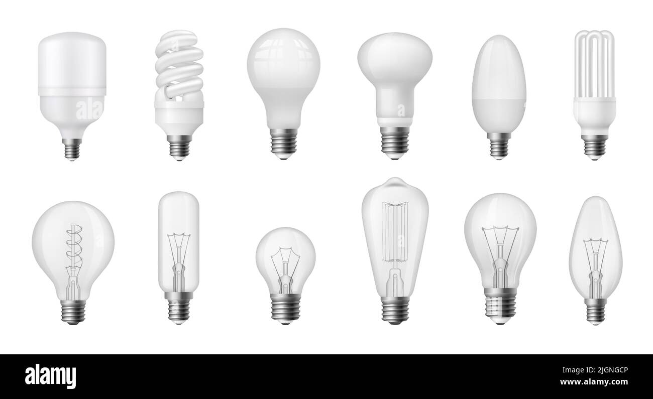 Realistische Glühlampe. Verschiedene Arten von energieeffizienten, fluoreszierenden, Halogen-, Glühlampen und LED-Lampen Symbole, Idee Konzept. Vektor 3D isoliert Stock Vektor