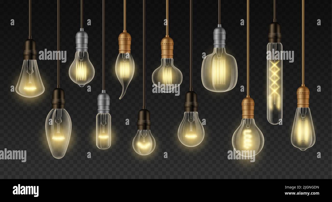 Glühlampen. Realistische Glühbirnen in verschiedenen Arten und Formen, Retro Loft Innendekoration Lampe. Vektor glühende Vintage Decke Stock Vektor