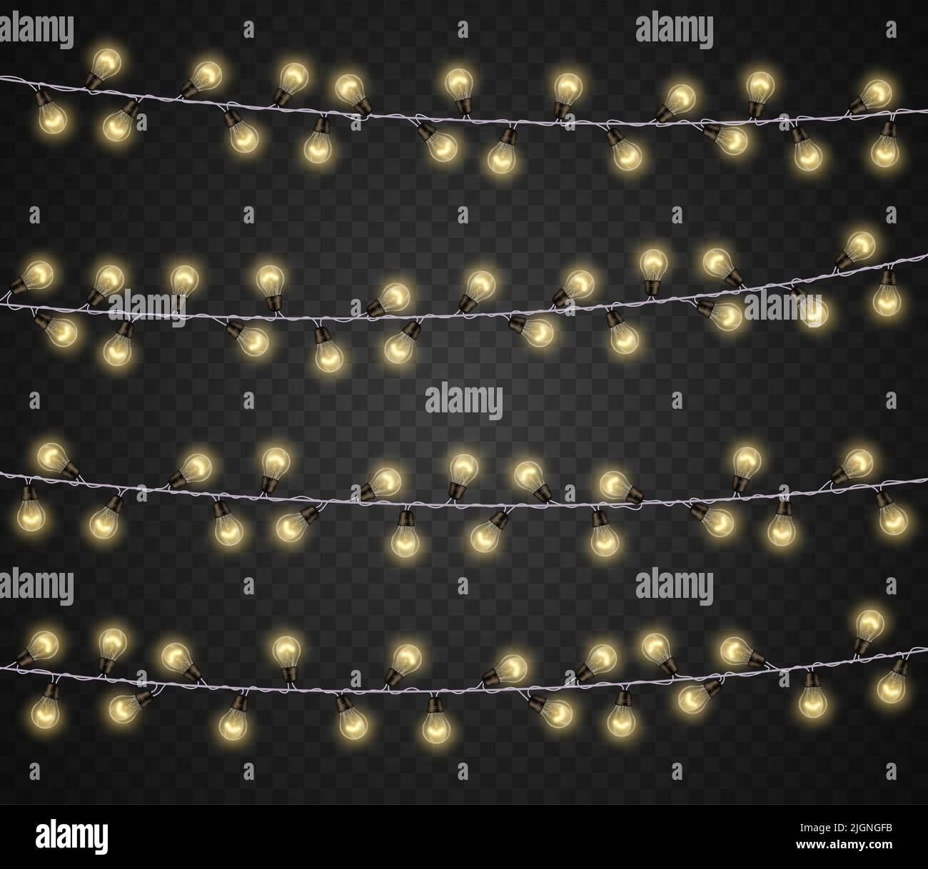 Realistische Glühbirne Girlande. Party-Feier 3D dekorative Licht, Weihnachten und festlich glühende Nachtdekoration. Vektorrahmen Grafikelemente Stock Vektor