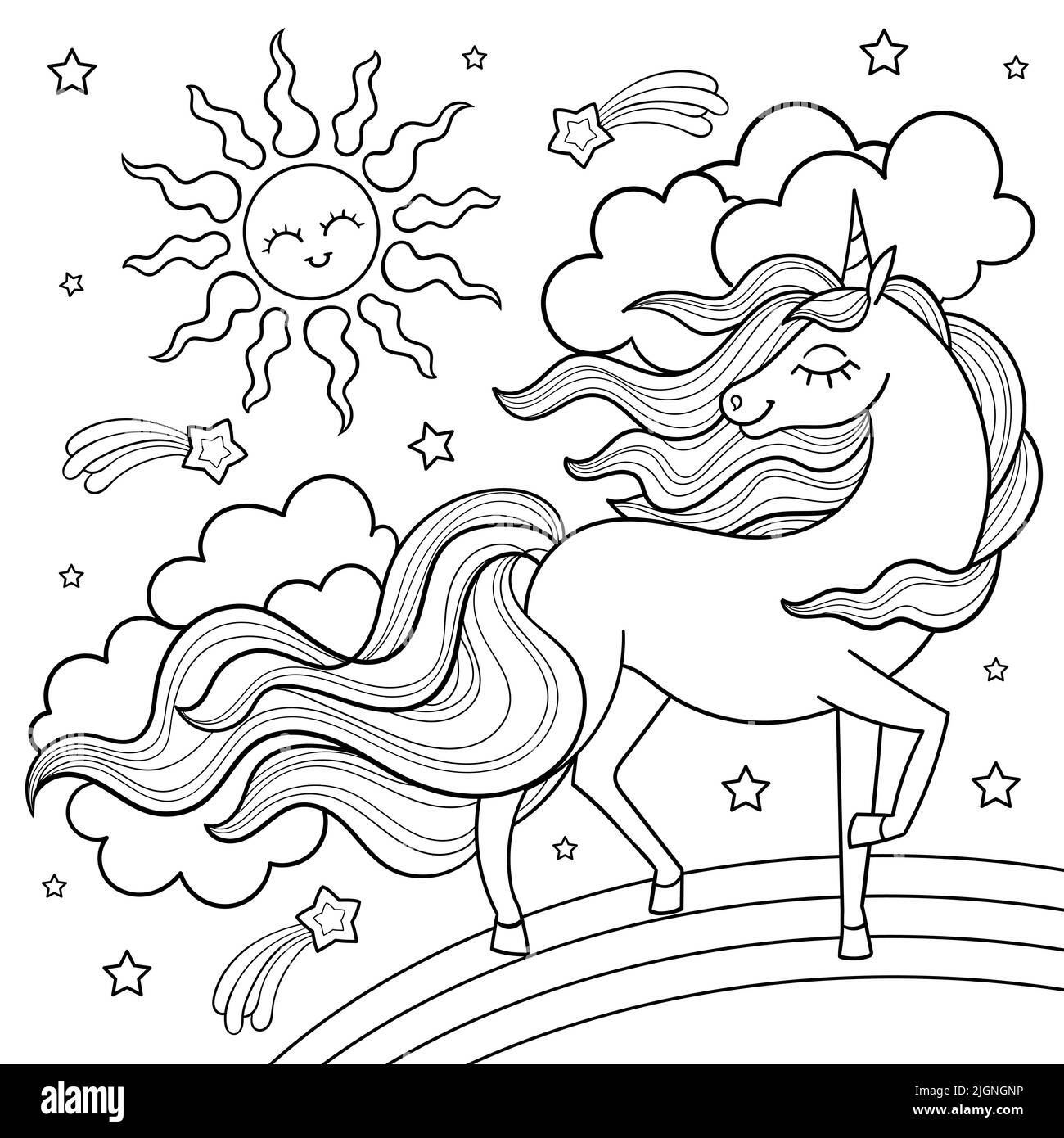 Ein schönes Einhorn auf einem Regenbogenhimmel mit der Sonne. Vektor Stock Vektor