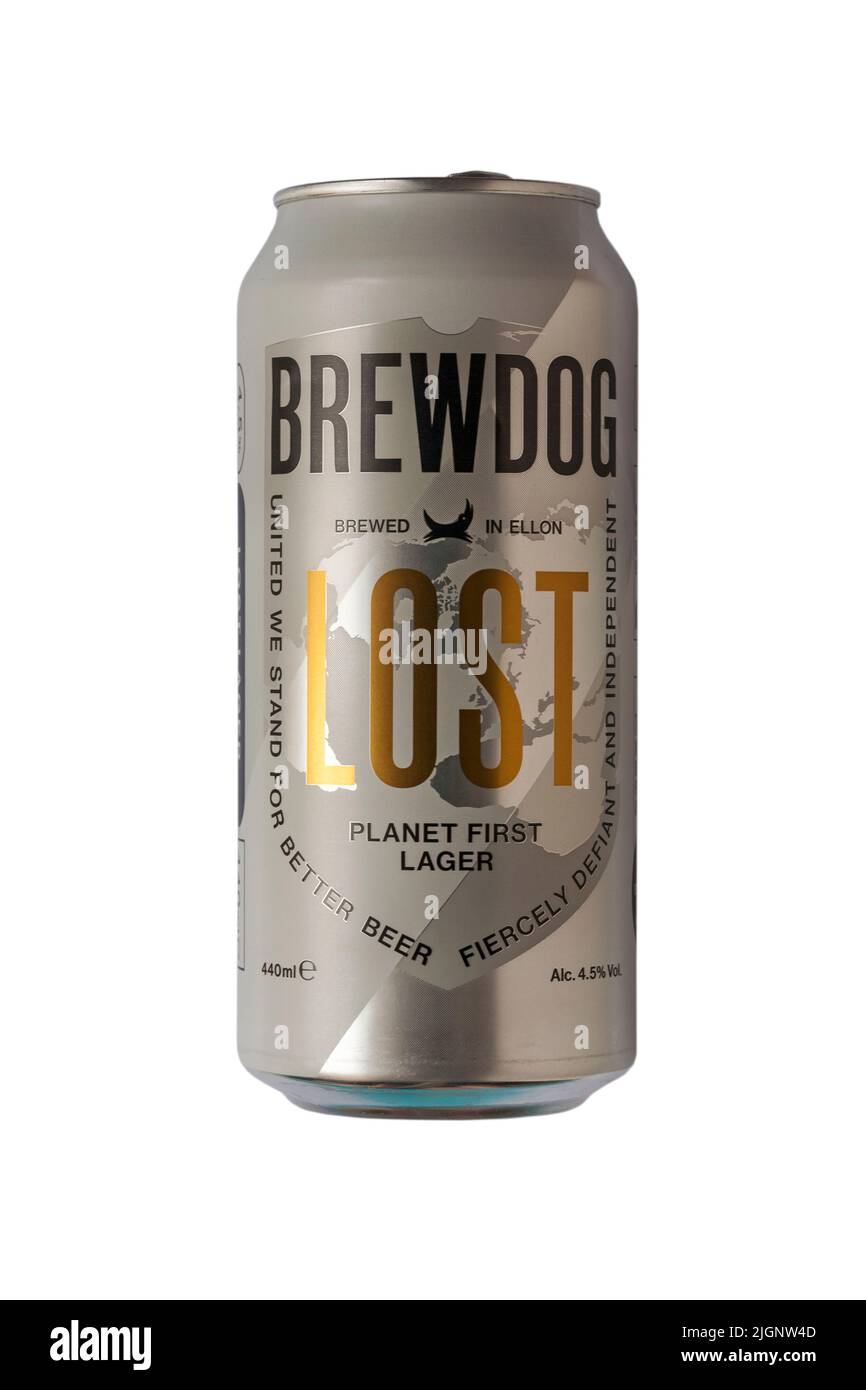 Dose von Brewdog Verlorener Lagerplanet Erstes Lager auf weißem Hintergrund isoliert - das weltweit erste kohlenstoffnegative Bier Stockfoto