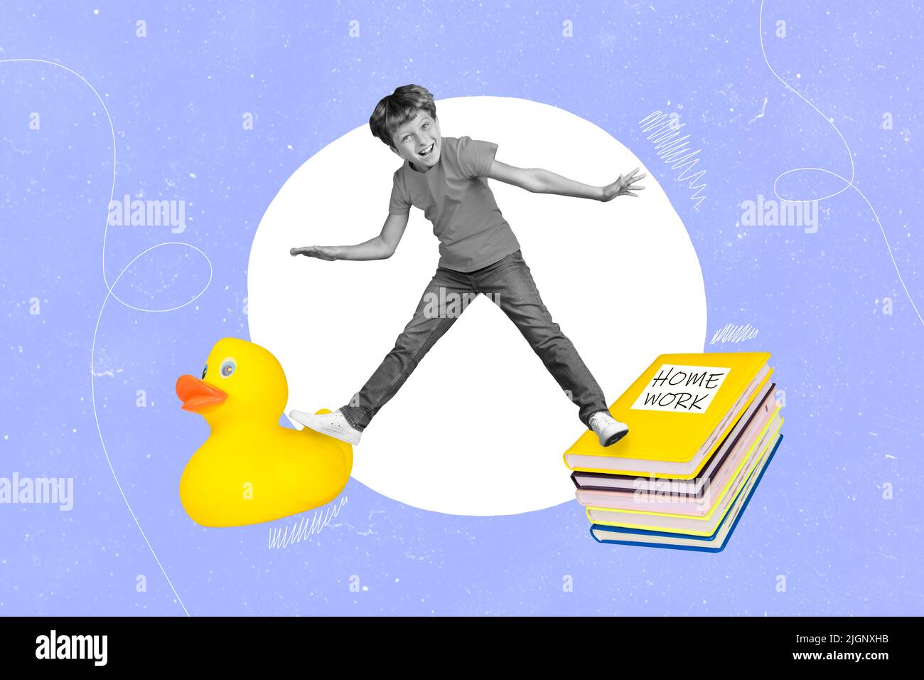 Composite Collage Bild von aufgeregt verrückte Person schwarz weiß Effekt Stand Balancing Stapel Buch Gummi Ente isoliert auf Zeichnung Hintergrund Stockfoto