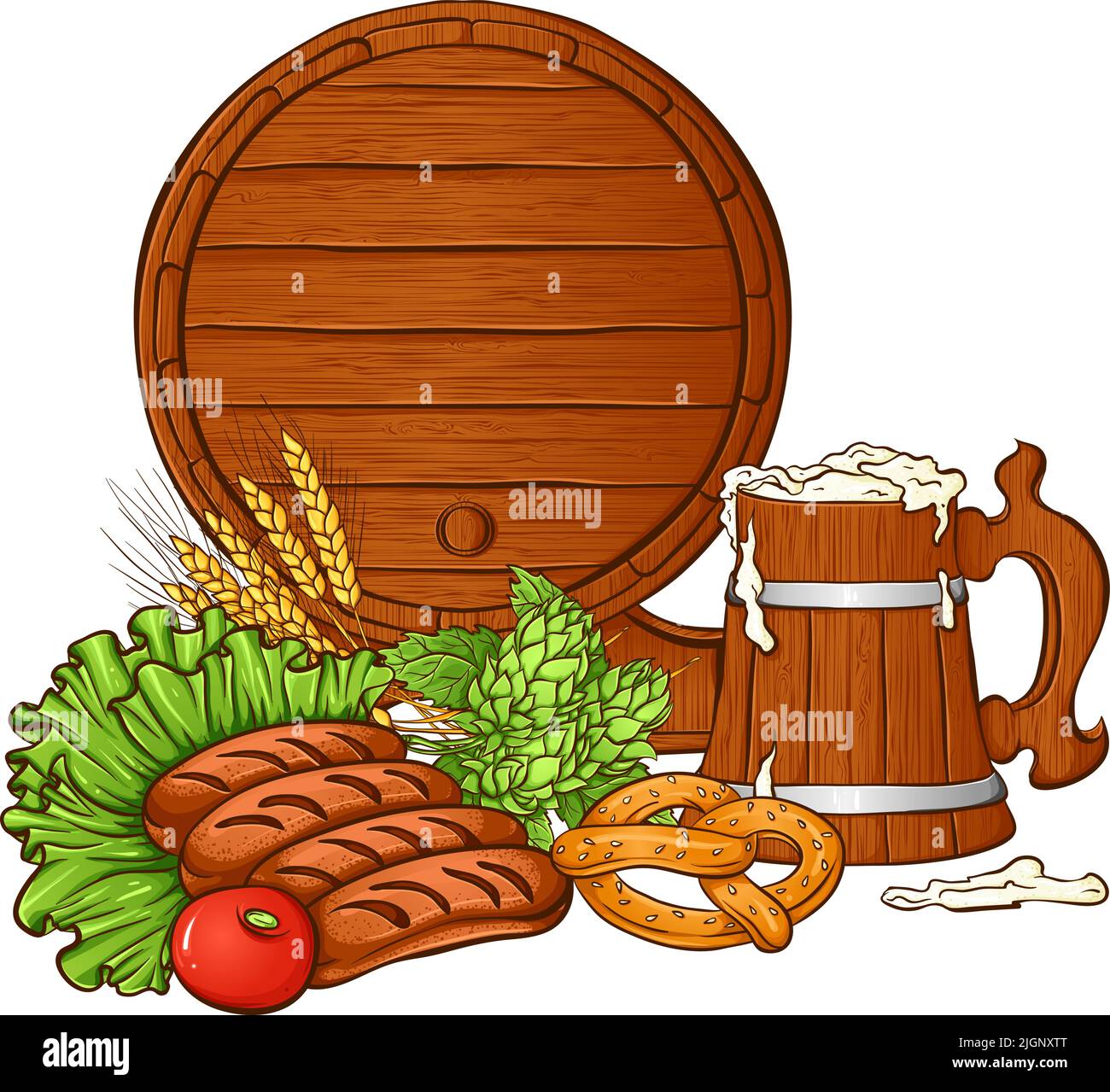 Stillleben mit einem Fass Bier, Würstchen, Holzkrug und Hopfenzapfen Stock Vektor