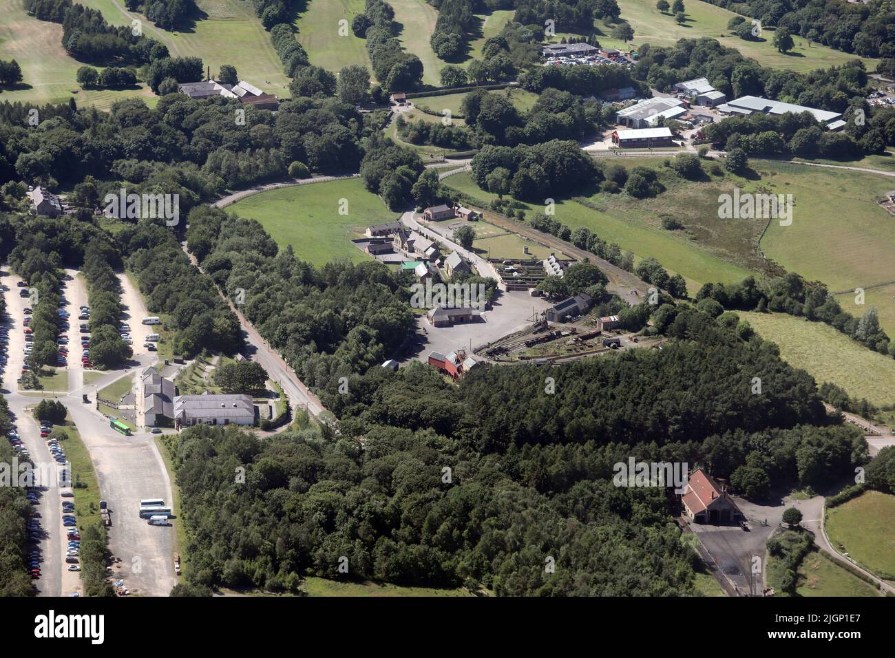 Luftaufnahme eines Teils des Beamish Museum, in der Nähe von Stanley, County Durham, Großbritannien Stockfoto