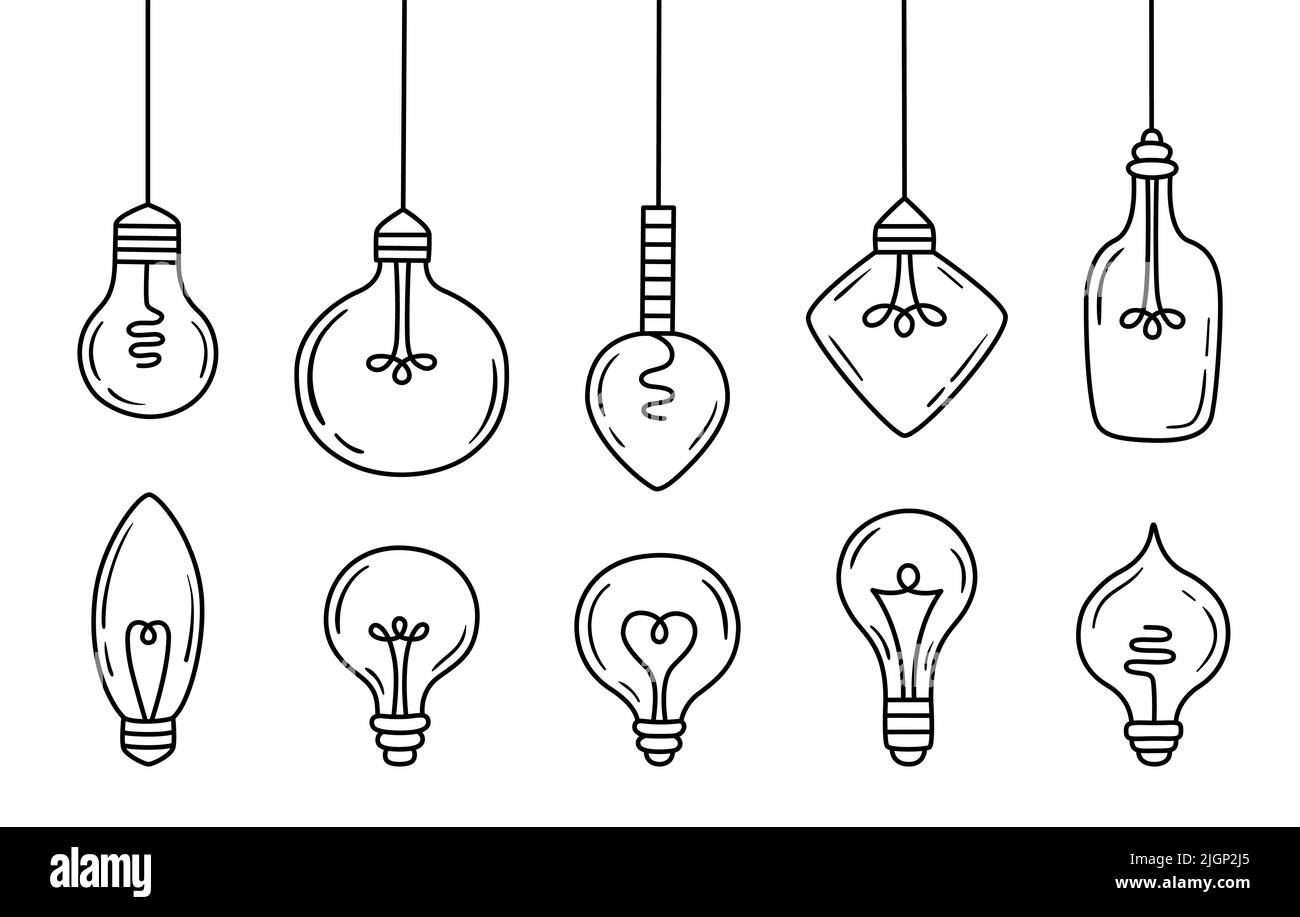 Set von Doodle elektrische Glühbirne oder Lampe Glühbirne. Hand zeichnen Idee Symbol Sammlung. Vektorgrafik. Stock Vektor