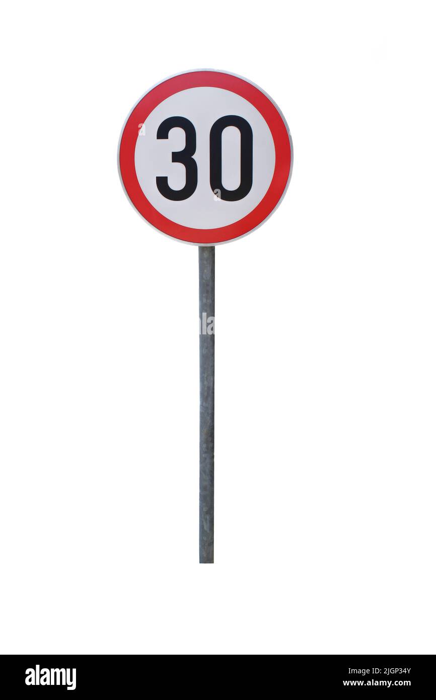 Rundes rotes Straßenschild mit 30 isoliert auf weißem Hintergrund Stockfoto