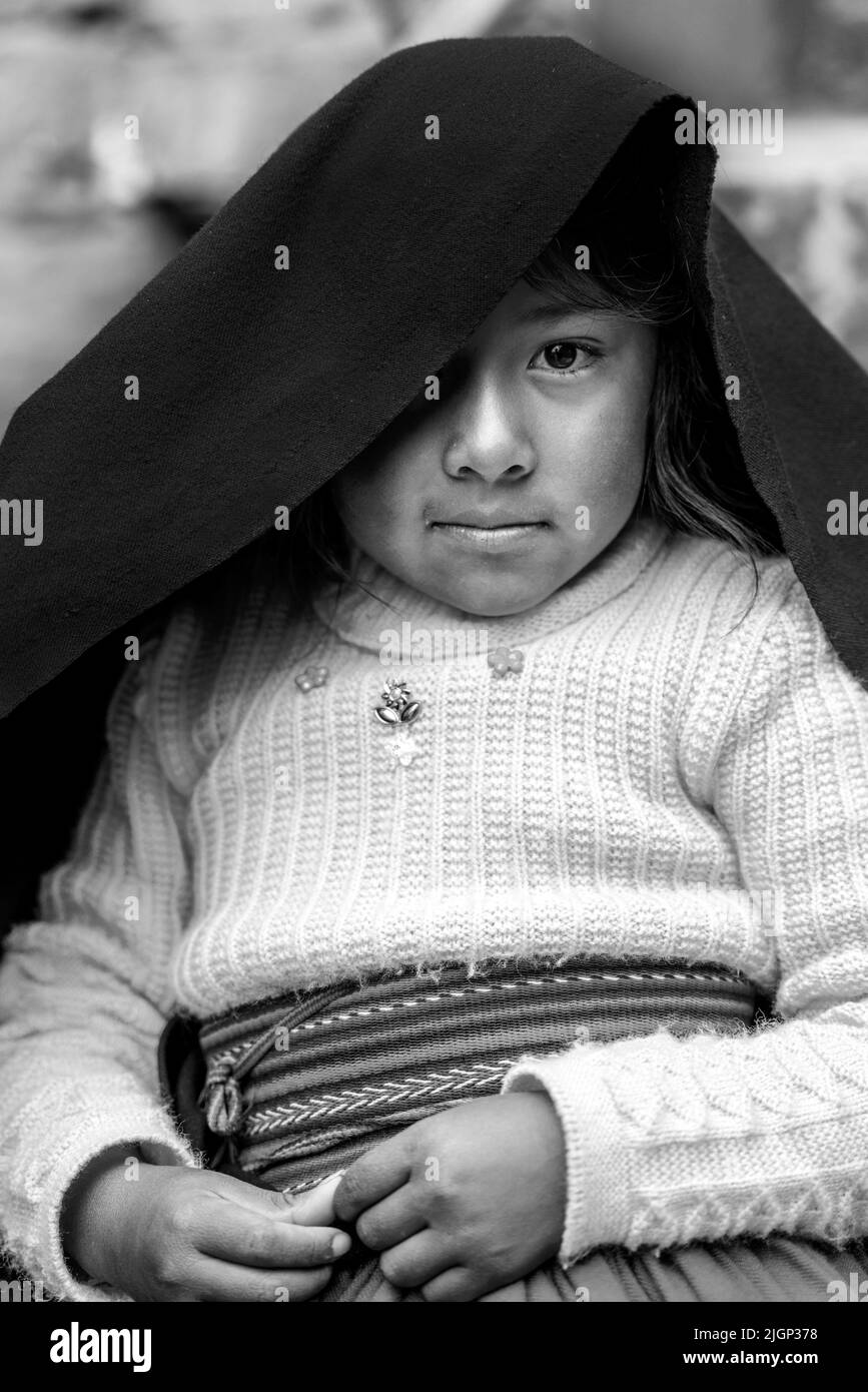 Ein Taquileno-Kind, Taquile Island, Lake Titicaca, Puno, Peru. Stockfoto