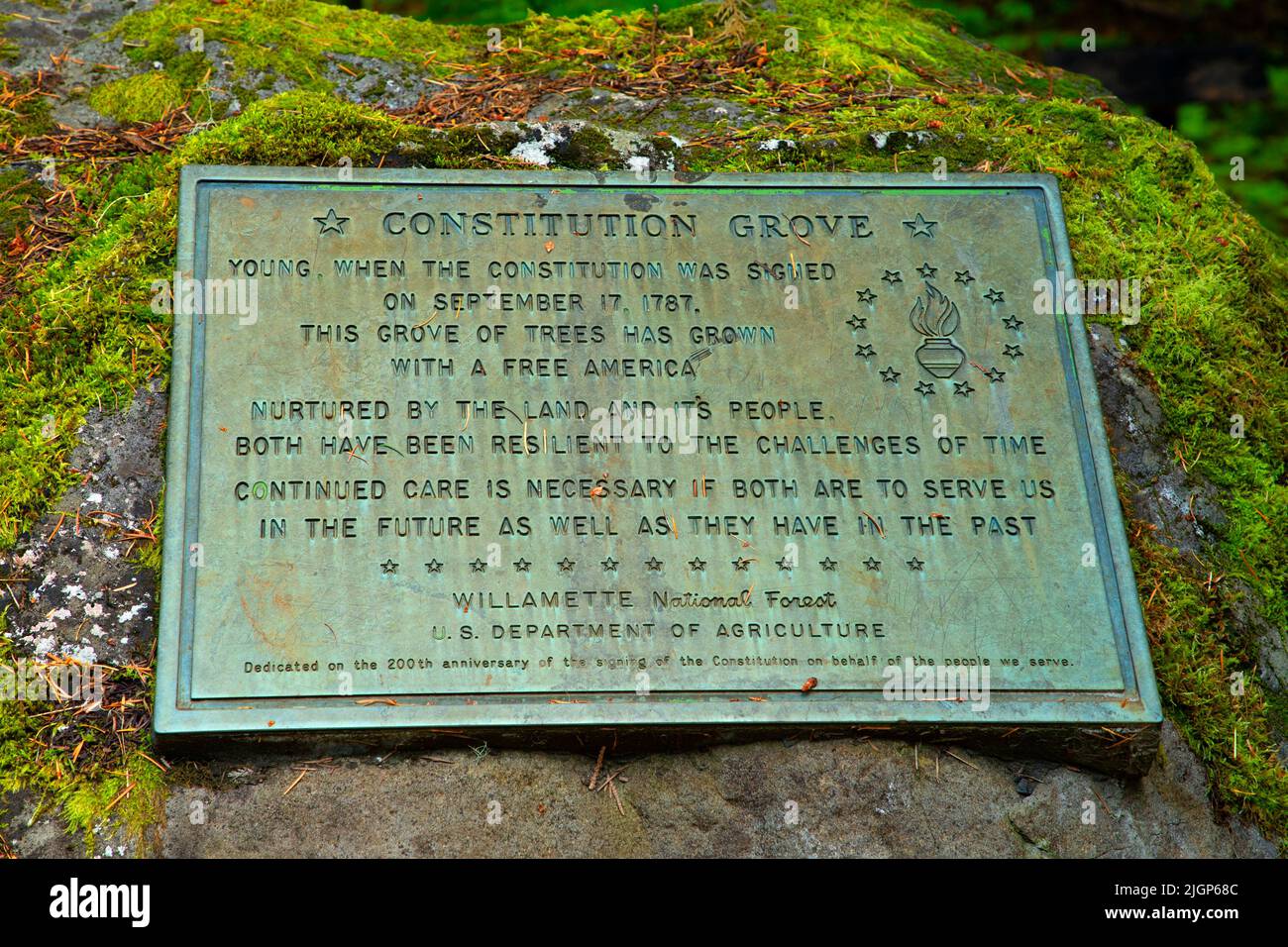 Plakette am Constitution Grove Trail, North Fork of the Middle Fork Willamette Wild and Scenic River, Willamette National Forest, Aufderheide Nationa Stockfoto