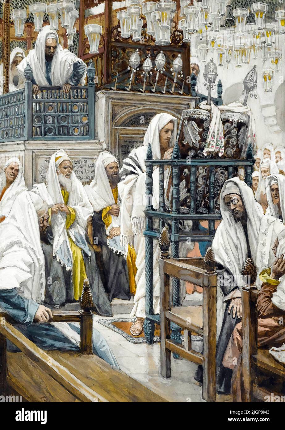 Jesus rollt das Buch in der Synagoge aus, Aquarell von James Tissot, 1886-1894 Stockfoto