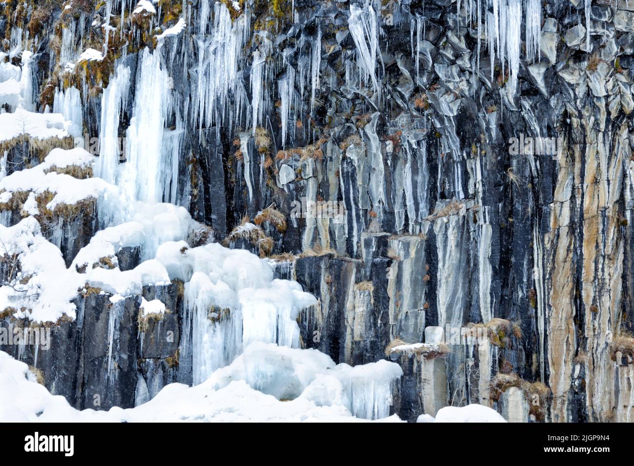 Eiszapfen aus dem Spray von Svartifoss, Island. Ein dünner, 20m-facher Wasserfall in der Mitte einer dramatischen Wand aus sechseckigen Basaltsäulen aus dem Jahr 3D. Stockfoto