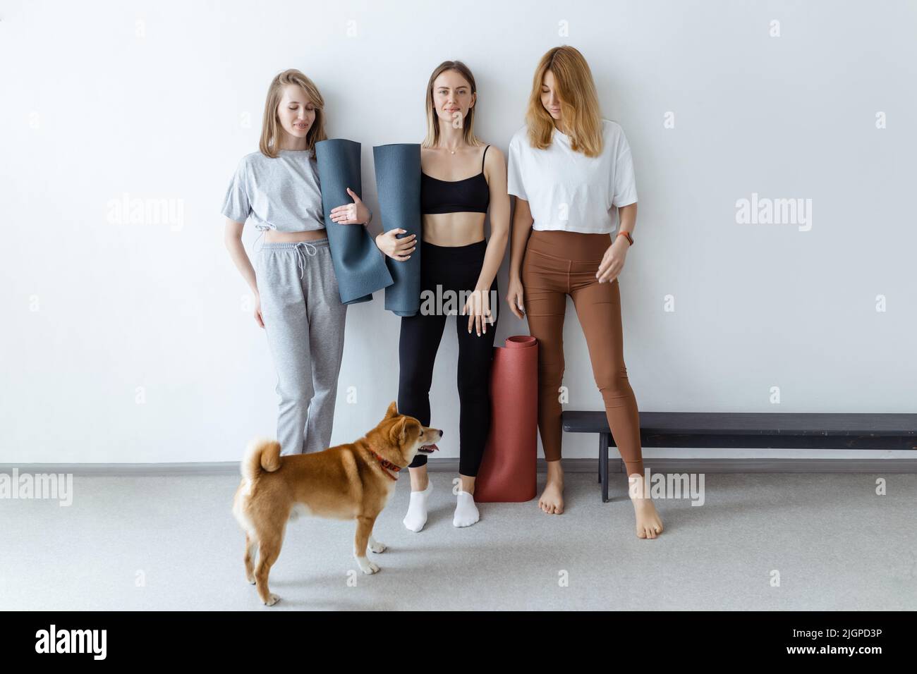 Schöne junge Mädchen in den Händen mit einer Yogamatte oder Karemat stehen vor dem Training lächelnd gegen die Wand und mit ihnen ein Hund im Haus Stockfoto