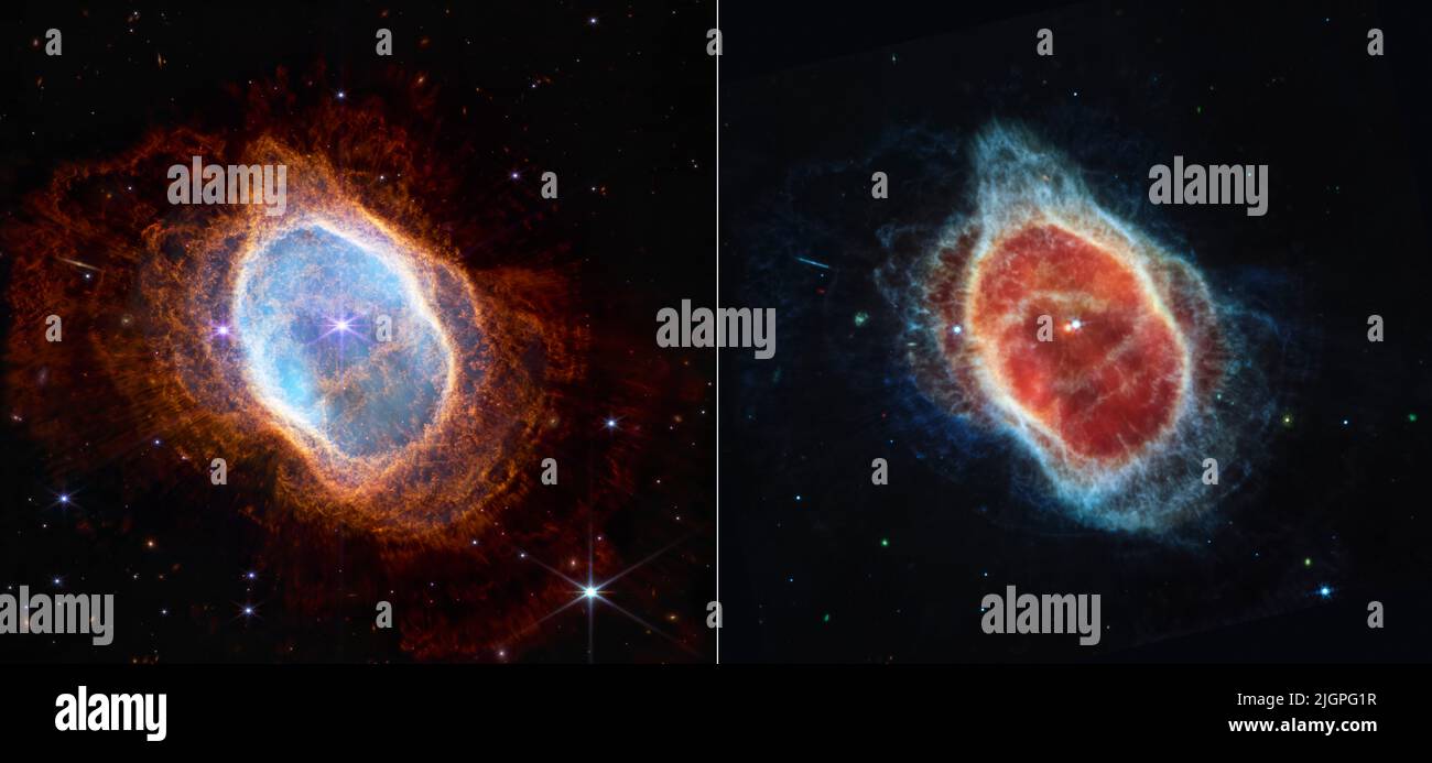 Die ersten Bilder des Webb Telescope der NASA … Beobachtungen des südlichen Ringnebels in Nahinfrarotlicht, (links) und mittelinfrarotem Licht (rechts) Diese Szene wurde von einem weißen Zwergstern geschaffen – den Überresten eines Sterns wie unserer Sonne, nachdem er seine äußeren Schichten abgeworfen und durch Kernfusion aufgehört hatte, Brennstoff zu verbrennen. Diese äußeren Schichten bilden nun die ausgeworfenen Schalen entlang dieser Ansicht. Über Tausende von Jahren und bevor er zu einem Weißen Zwerg wurde, warf der Stern in regelmäßigen Abständen Masse aus – die sichtbaren Schalen des Materials. 12. Juli 2022 Quelle: NASA, ESA, CSA und STScI / Alamy Live News via Digitaleye Stockfoto