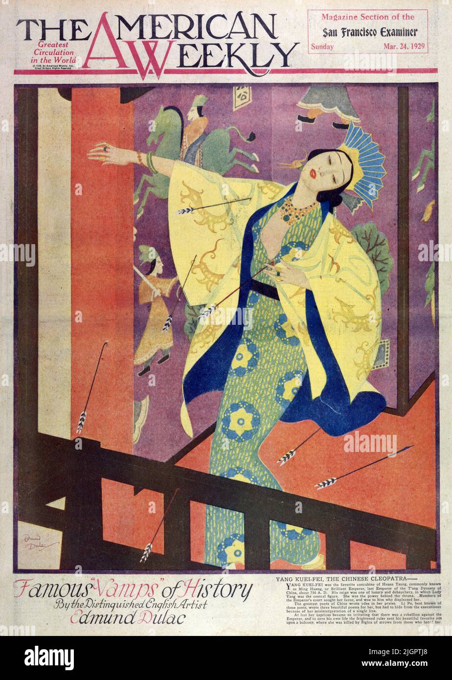 „Yang Kuei Fei – The Chinese Cleopatra“, veröffentlicht am 24,1929. März in der American Weekly Sunday Magazine, gemalt von Edmund Dulac als Teil der Serie „Famous Vamps of History“. Yang Kuei Fei war die Lieblingskonkubine von Hsuan Tsung, allgemein bekannt als Ming Huang, Oder Brilliant Emperor, der letzte Kaiser der T'ang Dynastie von China, um 756 n. Chr. seine Herrschaft war eine der Luxus und Ausschweifung, in der Lady Yang war die zentrale Figur. Sie war die Macht hinter dem Thron. Mitglieder des kaiserlichen Hofes suchten ihre Gunst und wehe ihm, der ihr missfiel. Stockfoto „Yang Kuei Fei – The Chinese Cleopatra“, veröffentlicht am 24,1929. März in der American Weekly Sunday Magazine, gemalt von Edmund Dulac als Teil der Serie „Famous Vamps of History“. Yang Kuei Fei war die Lieblingskonkubine von Hsuan Tsung, allgemein bekannt als Ming Huang, Oder Brilliant Emperor, der letzte Kaiser der T'ang Dynastie von China, um 756 n. Chr. seine Herrschaft war eine der Luxus und Ausschweifung, in der Lady Yang war die zentrale Figur. Sie war die Macht hinter dem Thron. Mitglieder des kaiserlichen Hofes suchten ihre Gunst und wehe ihm, der ihr missfiel. Stockfoto