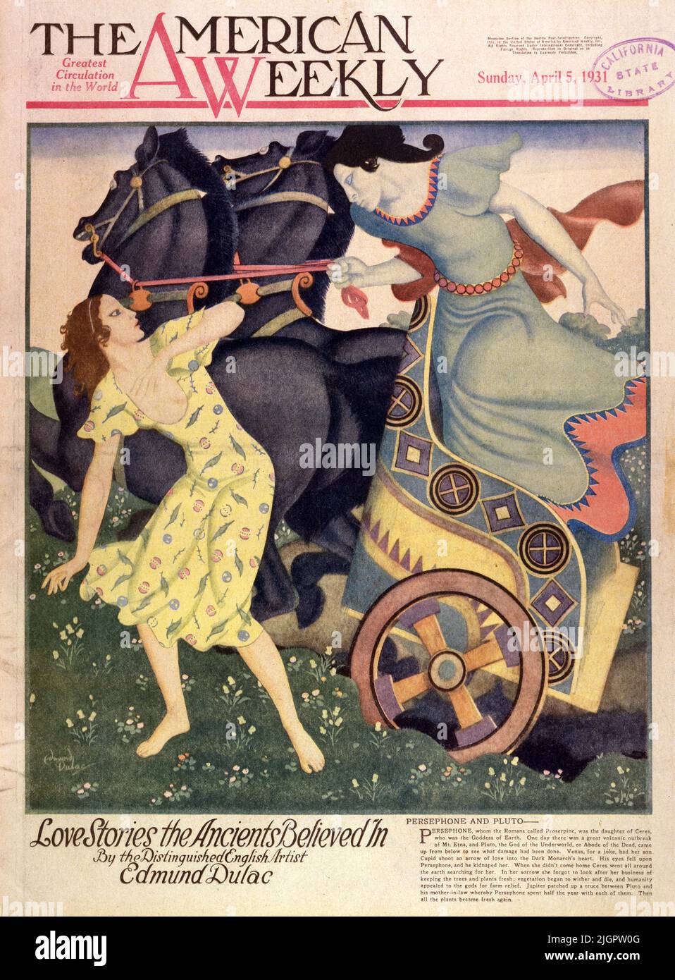 'Persephone and Pluto', veröffentlicht im April 5,1931 in der American Weekly Zeitschrift, gemalt von Edmund Dulac. Persephone, den die Römer Persepine nannten, war die Tochter von Ceres, der Göttin der Erde. Eines Tages gab es einen großen vulkanischen Ausbruch von Mt. Der Ätna und Pluto, der Gott der Unterwelt oder Aufenthaltsort der Toten, kamen von unten, um zu sehen, welche Schäden angerichtet worden waren. Venus ließ ihren Sohn Amor für einen Witz einen Pfeil der Liebe in das Herz des Dunklen Monarchen schießen. Seine Augen fielen auf Persephone und er entführte sie. Als sie nicht nach Hause kam, ging Ceres um die ganze Erde auf der Suche nach ihr. Stockfoto