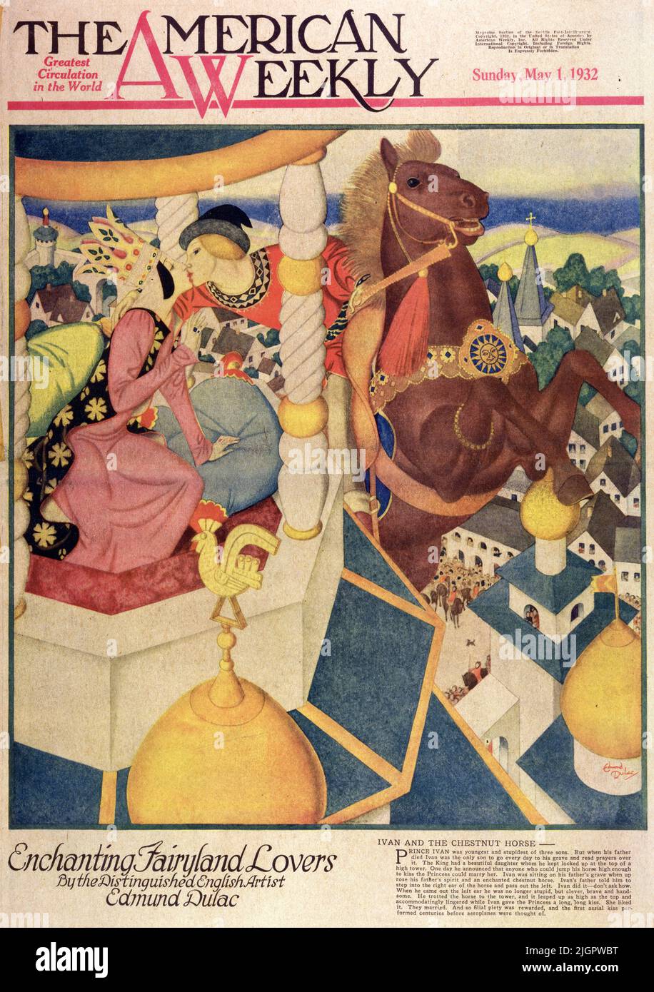 „Ivan and the Chestnut Horse“, veröffentlicht am April1. 1932 in der American Weekly Sunday Magazine, gemalt von Edmund Dulac. Prinz Ivan war der jüngste und dümmste von drei Söhnen. Aber als sein Vater starb, war Ivan der einzige Sohn, der jeden Tag zu seinem Grab ging und darüber Gebete las. Der König hatte eine schöne Tochter, die er an der Spitze eines hohen Turms eingesperrt hielt. Eines Tages verkündete er, dass jeder, der sein Pferd hoch genug springen könnte, um die Prinzessin zu küssen, sie heiraten könne. Ivan saß auf dem Grab seines Vaters, als der Geist seines Vaters und ein verzaubertes Kastanienpferd aufstiegen. Stockfoto