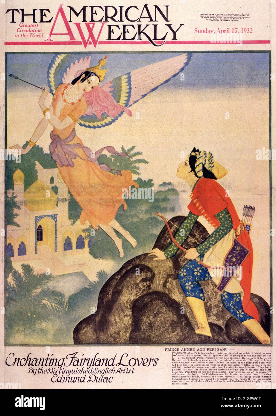 „Prince Ahmed and Peri-Banu“, veröffentlicht am 17,1932. April in der American Weekly Sunday Magazine, gemalt von Edmund Dulac. Der Vater von Prinz Ahmed konnte sich nicht darüber ausbilden, welcher seiner drei Söhne das Königreich will. Er stieß auf die Idee, es dem zu geben, der einen Pfeil am weitesten abgeschossen hatte. Der Pfeil von Prinz Ahmed ging weiter. Er folgte ihm kilometerweit. Er überholte es neben einem großen Tor an der Seite eines Berges. Durch sie betrat Prinz Ahmen eine wunderbare Höhle. Es war die Heimat der Fee Peri-Banu, die ungesehen herumschwebte, als er schoss, und sich sofort in ihn verliebt hatte. Stockfoto