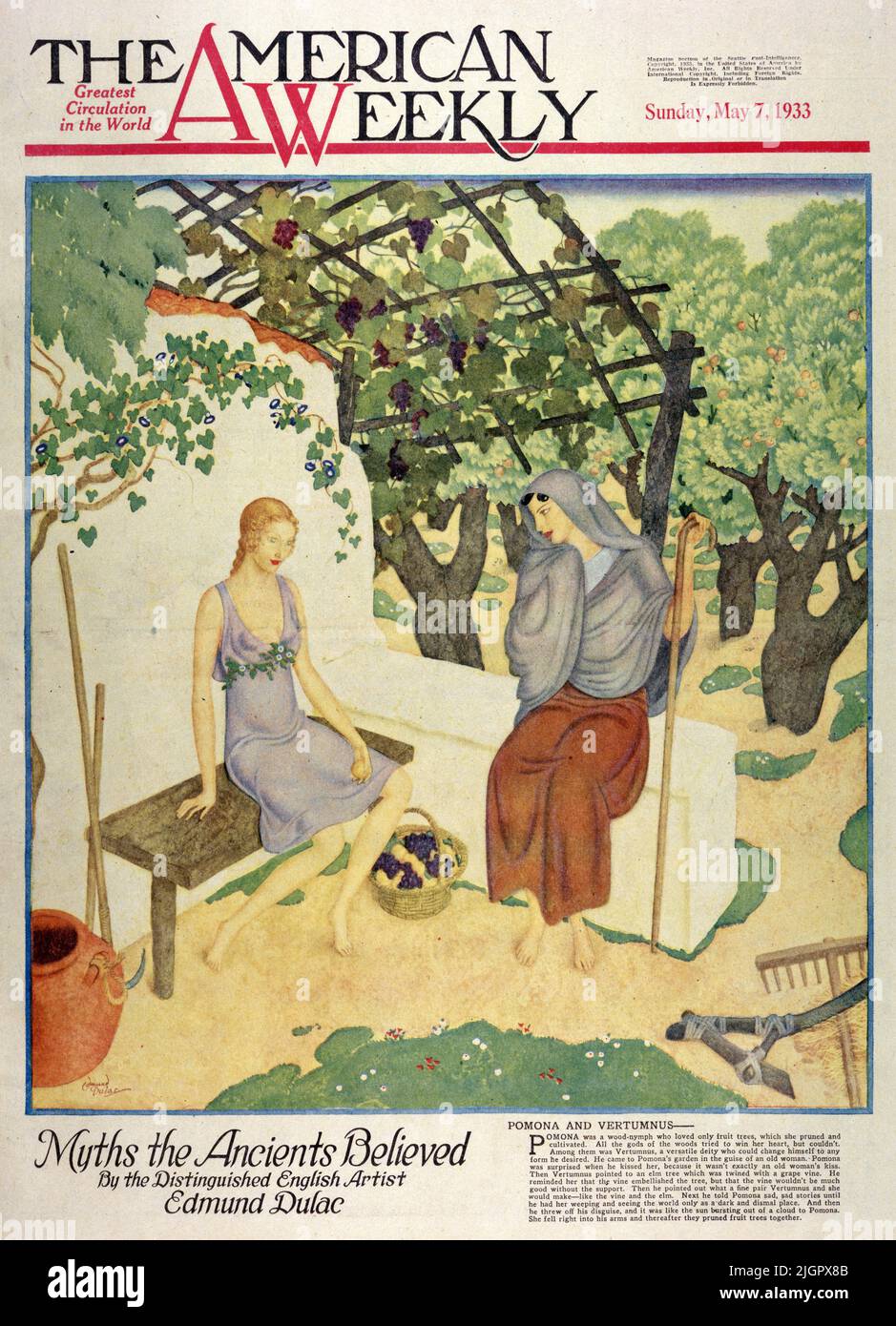 Pomona und Vertumnus erschienen am May7. 1933 in der American Weekly Zeitschrift, gemalt von Edmund Dulac. Pomona war eine Waldnymphe, die nur Obstbäume liebte, die sie beschnitt und kultivierte. Alle Götter des Waldes versuchten, ihr Herz zu gewinnen, konnten es aber nicht. Unter ihnen war Vertumnus, eine vielseitige Gottheit, die sich in jede gewünschte Form verändern konnte. Er kam als alte Frau in Pomonas Garten. Pomona war überrascht, als er sie küsste, denn es war nicht gerade der Kuss einer alten Frau. Dann zeigte Vertumnus auf eine Ulme, die mit einer Weinrebe gezwirnt war. Er erinnerte sie daran, dass die Rebe verschönert Stockfoto