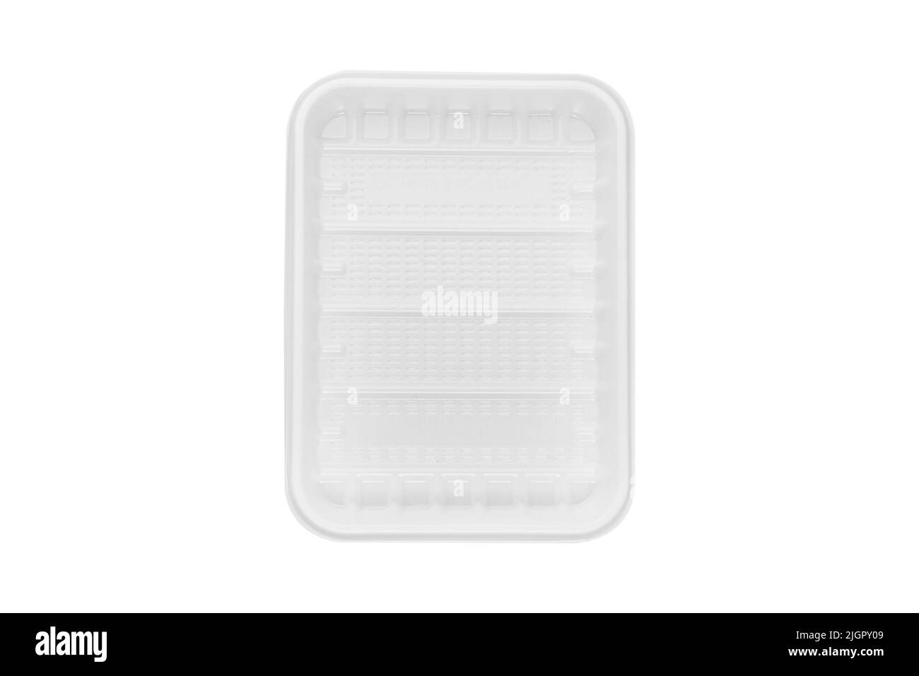 Kunststoffkiste für Lebensmittel Einweg-Ansicht von oben mit Clipping-Pfad isoliert auf weißem Hintergrund. Verpackungsdesign aus Kunststoff. Leere Behältervorlage für Stockfoto