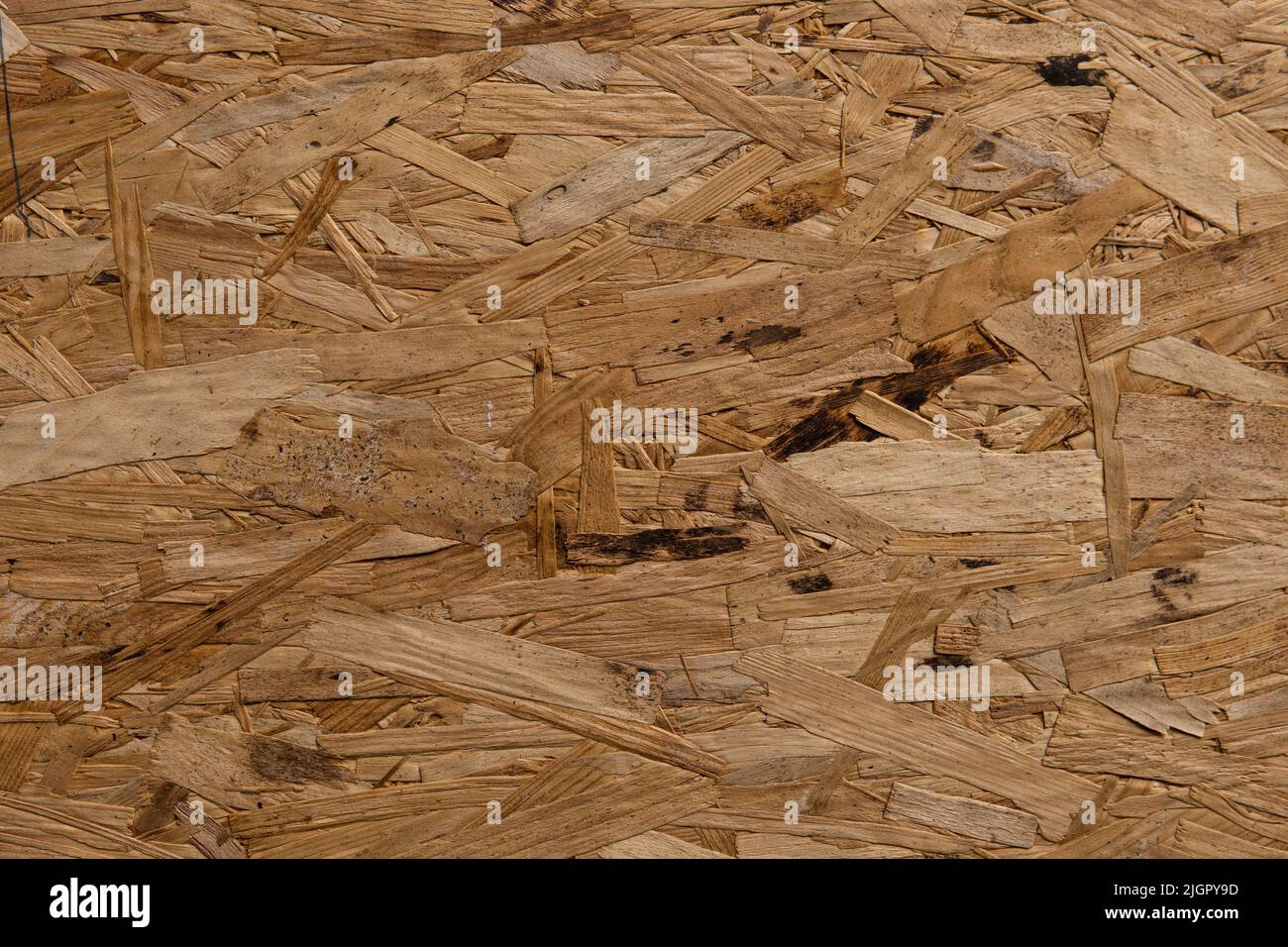 Material mit Holz-OSB-Struktur. Abstrakter Holzhintergrund. Orientierte Strandboard-Tapete. Das natürliche Holzbaumaterial. Holzverarbeitung im Abfall. Stockfoto