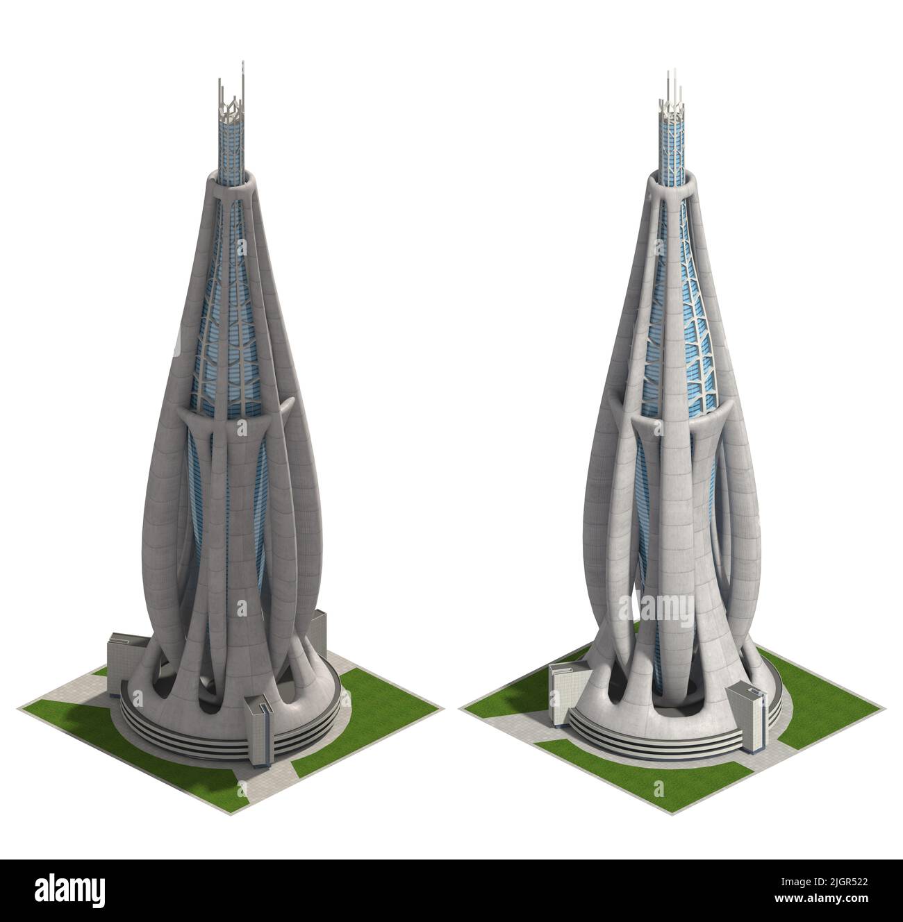 Futuristische Architektur für ein quadratisches gefliestes Spiel, das in dimetrischer Projektion mit einem Verhältnis von 2:1 Pixeln dargestellt wird, mit einer orthographischen Eckkamera von 30 Grad aus dem 2-Winkel Stockfoto
