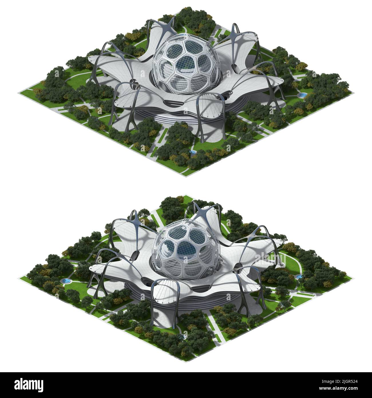 3D futuristische Architekturdarstellung für ein gefliestes Spiel, das in dimetrischer Projektion im 2:1-Pixel-Verhältnis dargestellt wird, mit einer orthographischen 30-Grad-Kamera von 2 ang Stockfoto