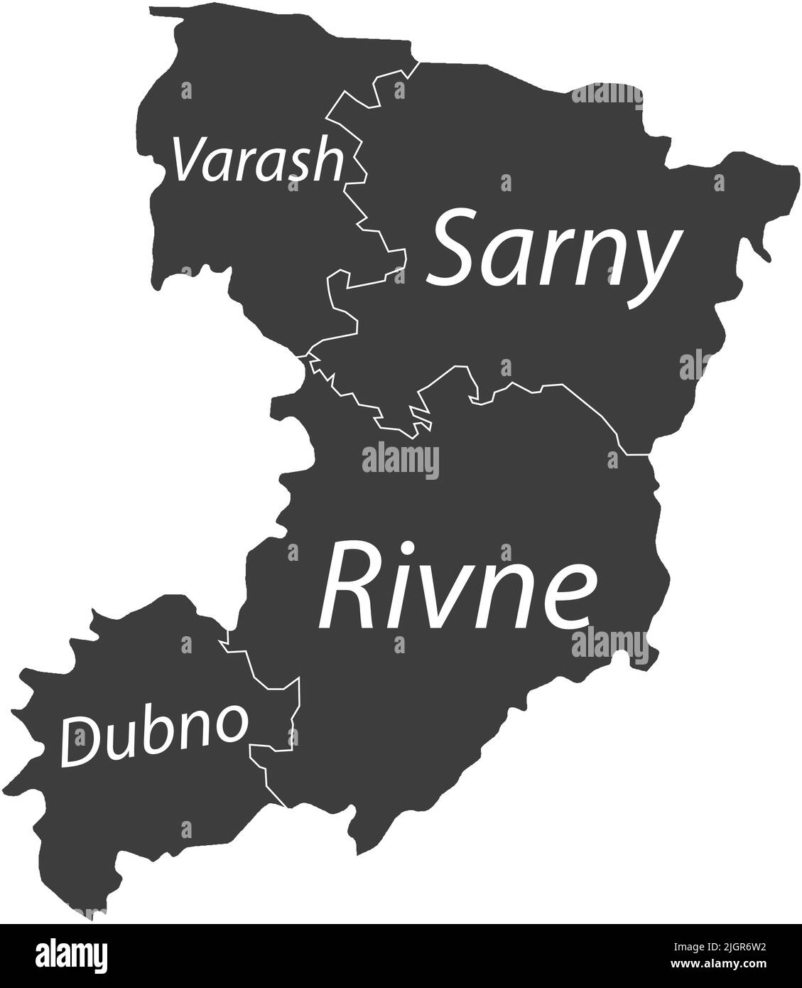 Dunkelgrau getaggte Karte von Raionen des GEBIETS RIVNE, UKRAINE Stock Vektor