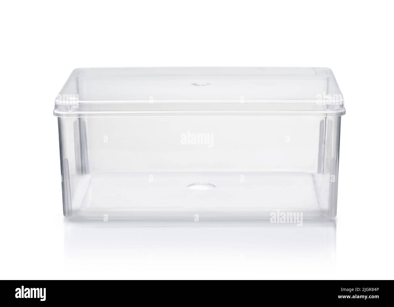 Frontansicht der leeren transparenten Kunststoffbox isoliert auf weiß Stockfoto