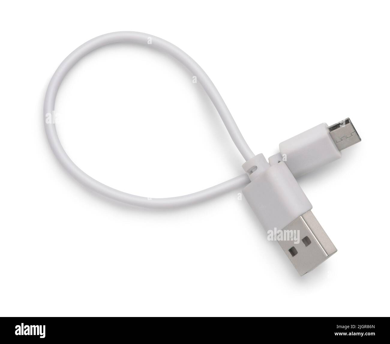 Draufsicht auf kurzes graues USB-OTG-Kabel isoliert auf Weiß Stockfoto
