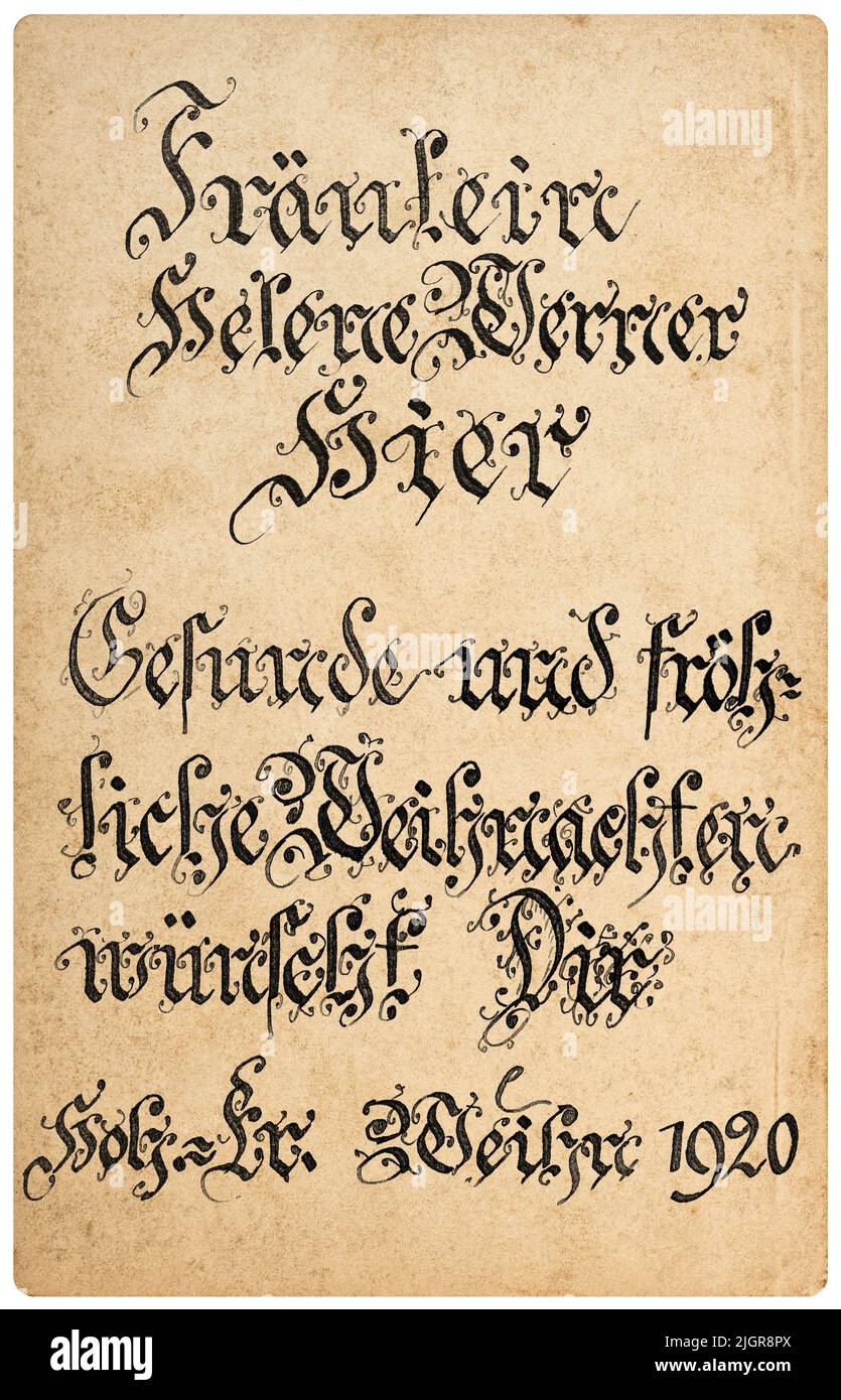 Alte Postkarte mit kalligraphischem handgeschriebenem Text. Grunge Vintage Textur Hintergrund Stockfoto