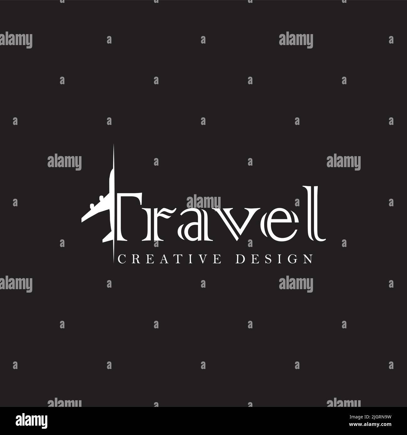 Buchstabe T und Reisen mit halber Ebene. Logo Design und Typografie. Weiße und schwarze Farben. Stock Vektor