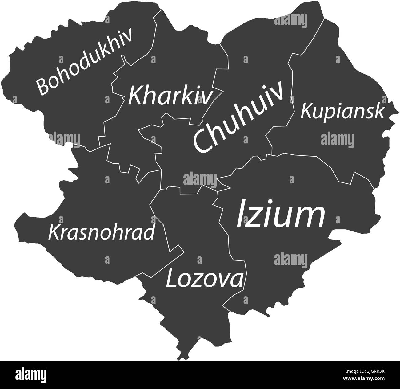 Dunkelgrau getaggte Karte von Raionen im GEBIET CHARKIW, UKRAINE Stock Vektor