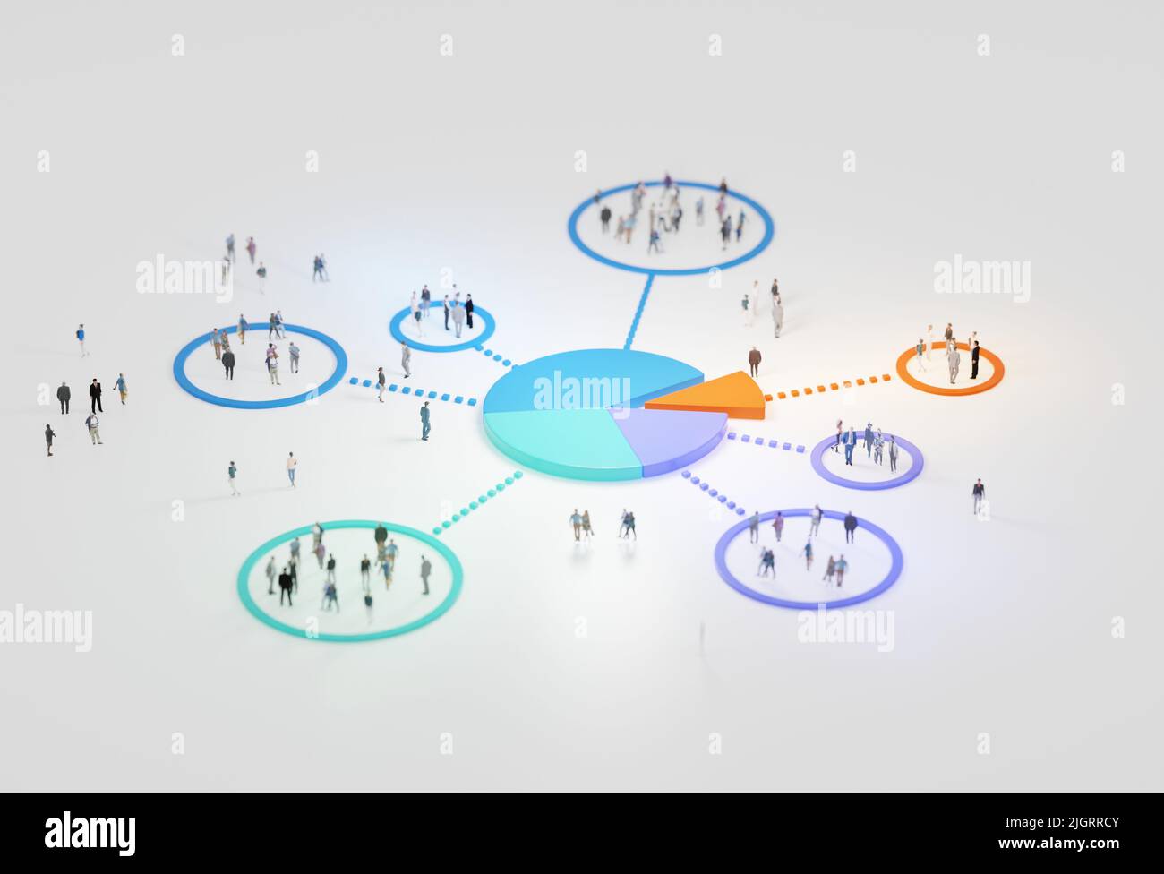 Big-Data-Analyse, abstraktes Konzept. Kreisdiagramm und Personengruppen auf weißem Hintergrund. Digital 3D-Rendering. Stockfoto