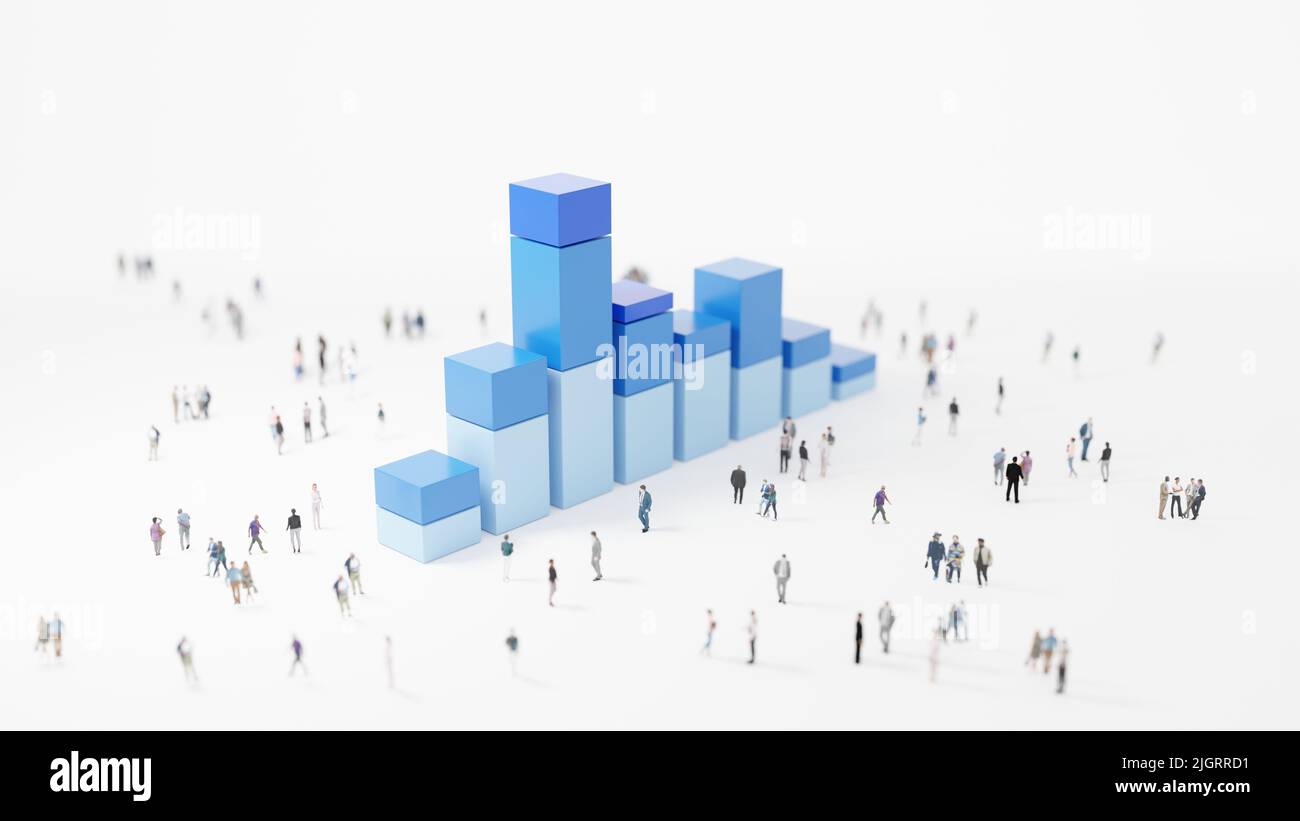 Big-Data-Analyse, abstraktes Konzept. Säulendiagramm und Personengruppen auf weißem Hintergrund. Digital 3D-Rendering. Stockfoto