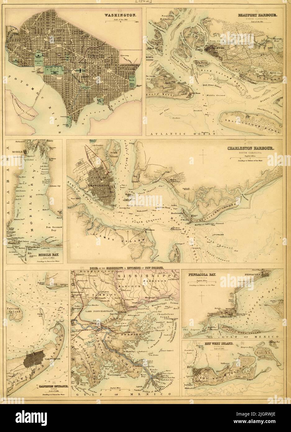 Karte der südlichen Häfen und Häfen einschließlich Pensacola Bay, Key West Island, Charleston Harbor, Beaufort Harbor, Mobile Bay, Galveston, 1862, von John Bar Stockfoto