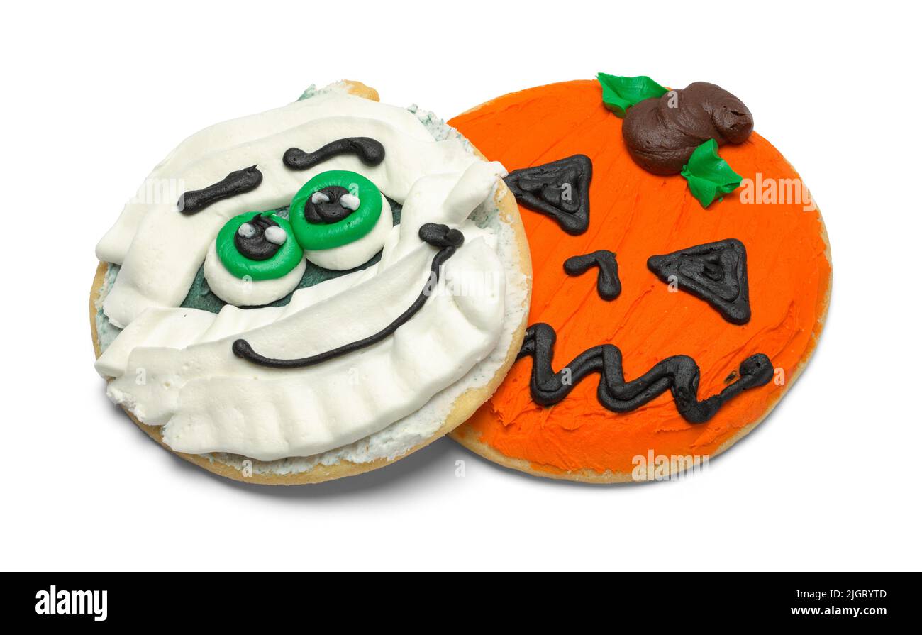 Kürbis und Monster Halloween Kekse auf Weiß ausgeschnitten. Stockfoto