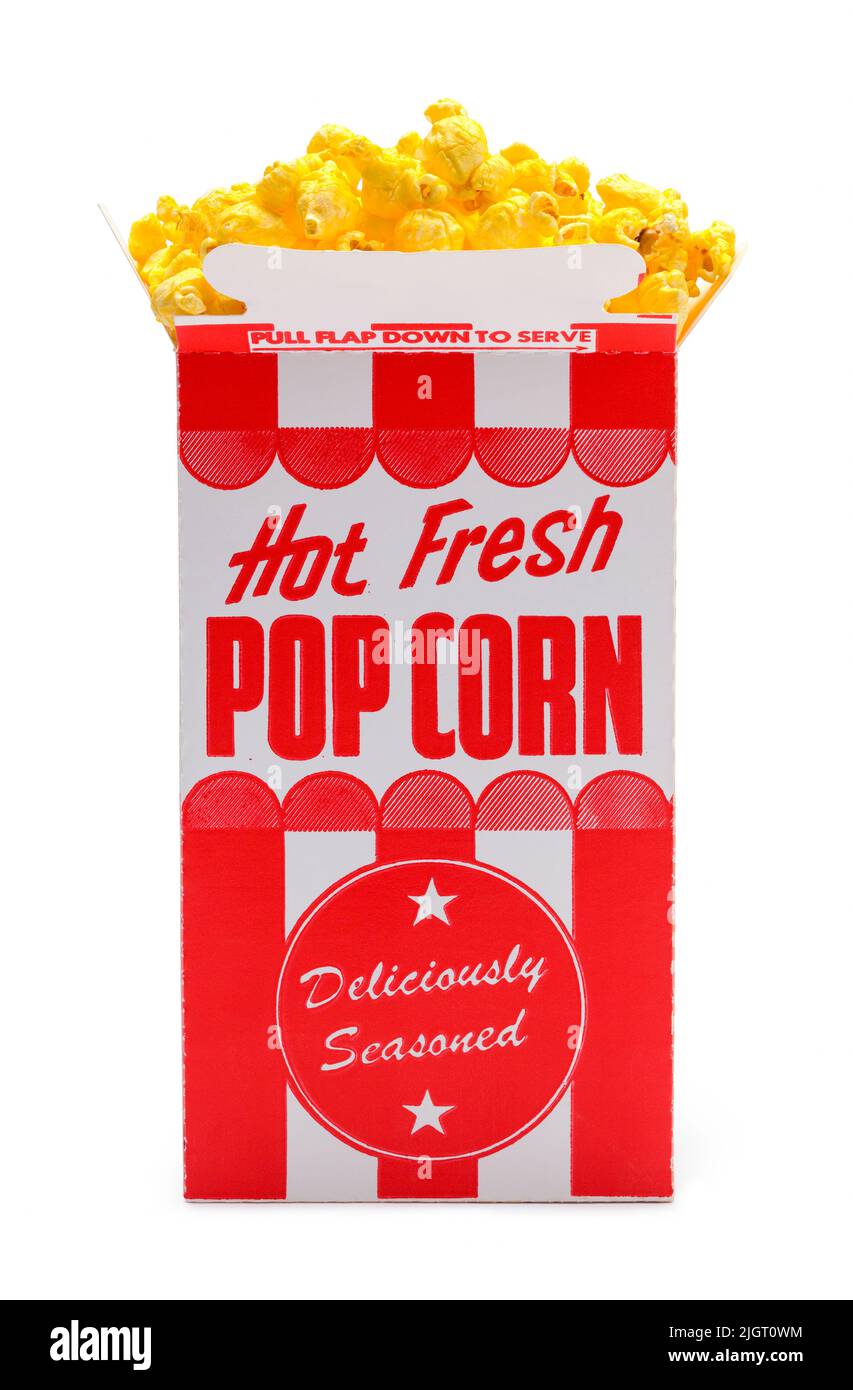 Full Retro Movie Popcorn Box auf Weiß ausgeschnitten. Stockfoto