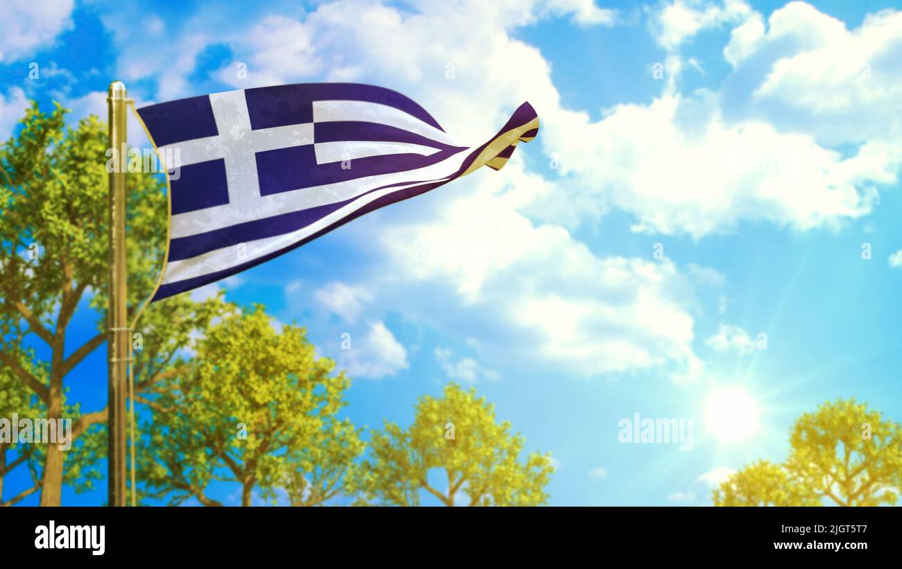 Flagge Griechenlands bei sonnigem Tag, gutes Prognosesymbol - Natur 3D Rendering Stockfoto