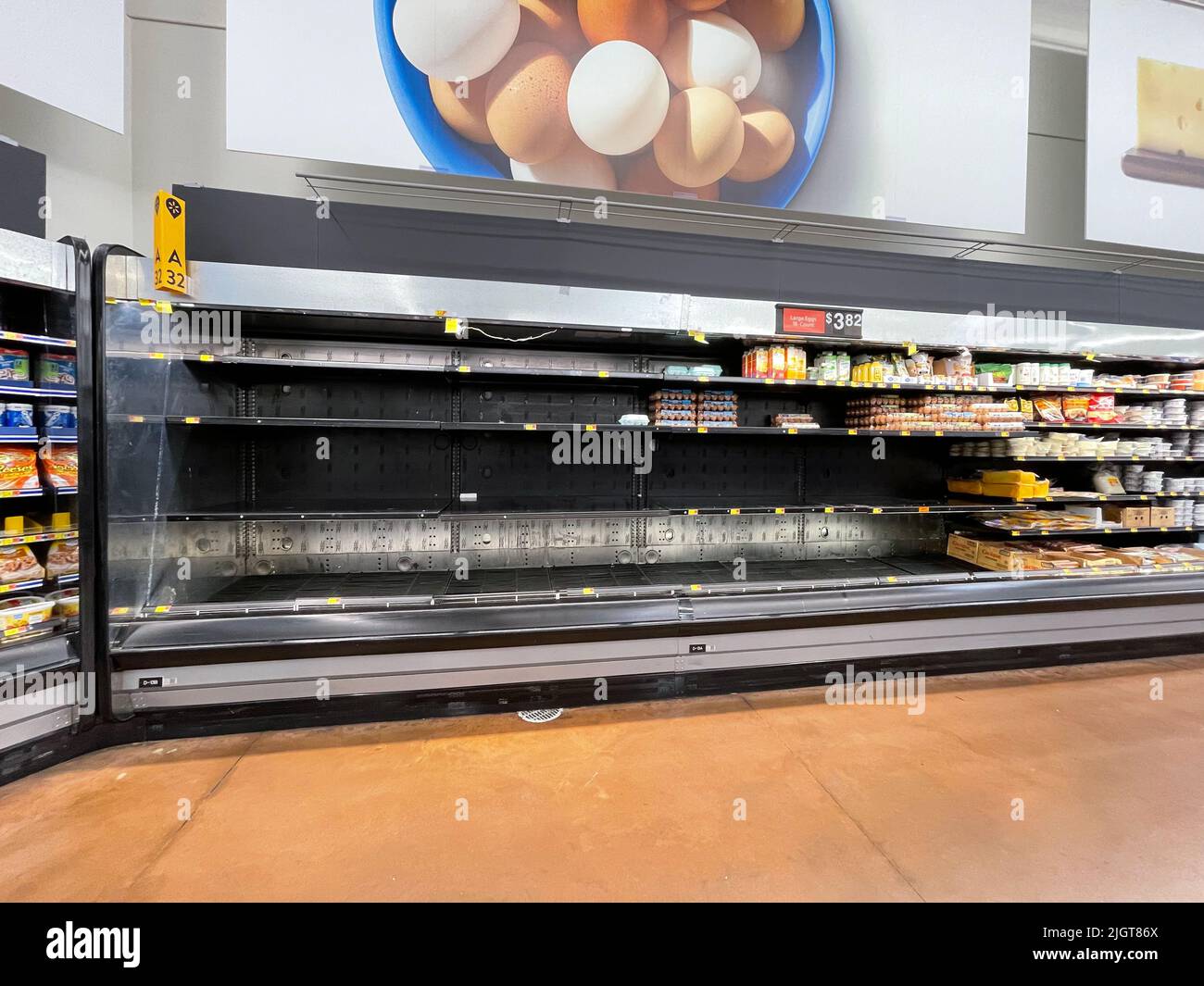 Leere Regale im Walmart. Lebensmittelknappheit. Stockfoto