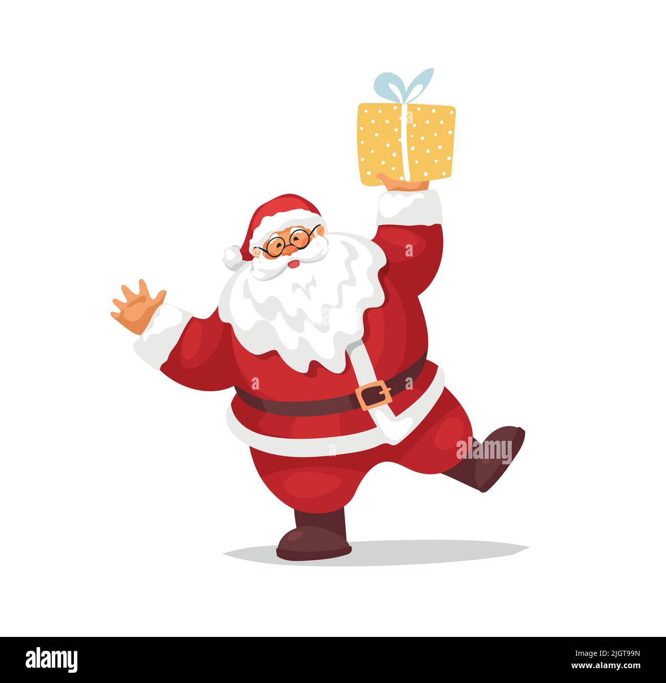 Lustig tanzender Weihnachtsmann mit einem Geschenk. Flache Cartoon-Figur, St. Nicholmann. Frohe Weihnachten und Frohes neues Jahr. Vektorgrafik isoliert ein Stock Vektor