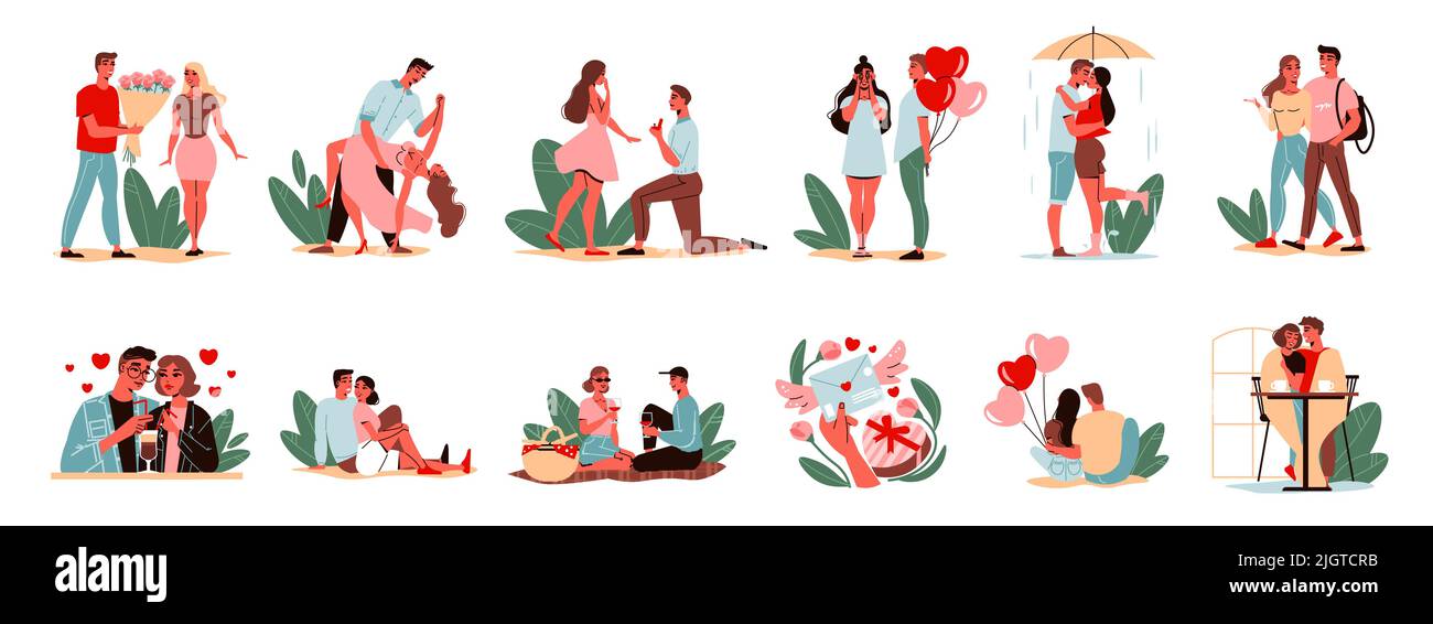 Valentinstag Liebe Symbol Satz von isolierten menschlichen Charakteren von Paaren mit Blumen Ballons Geschenke Vektor Illustration Stock Vektor